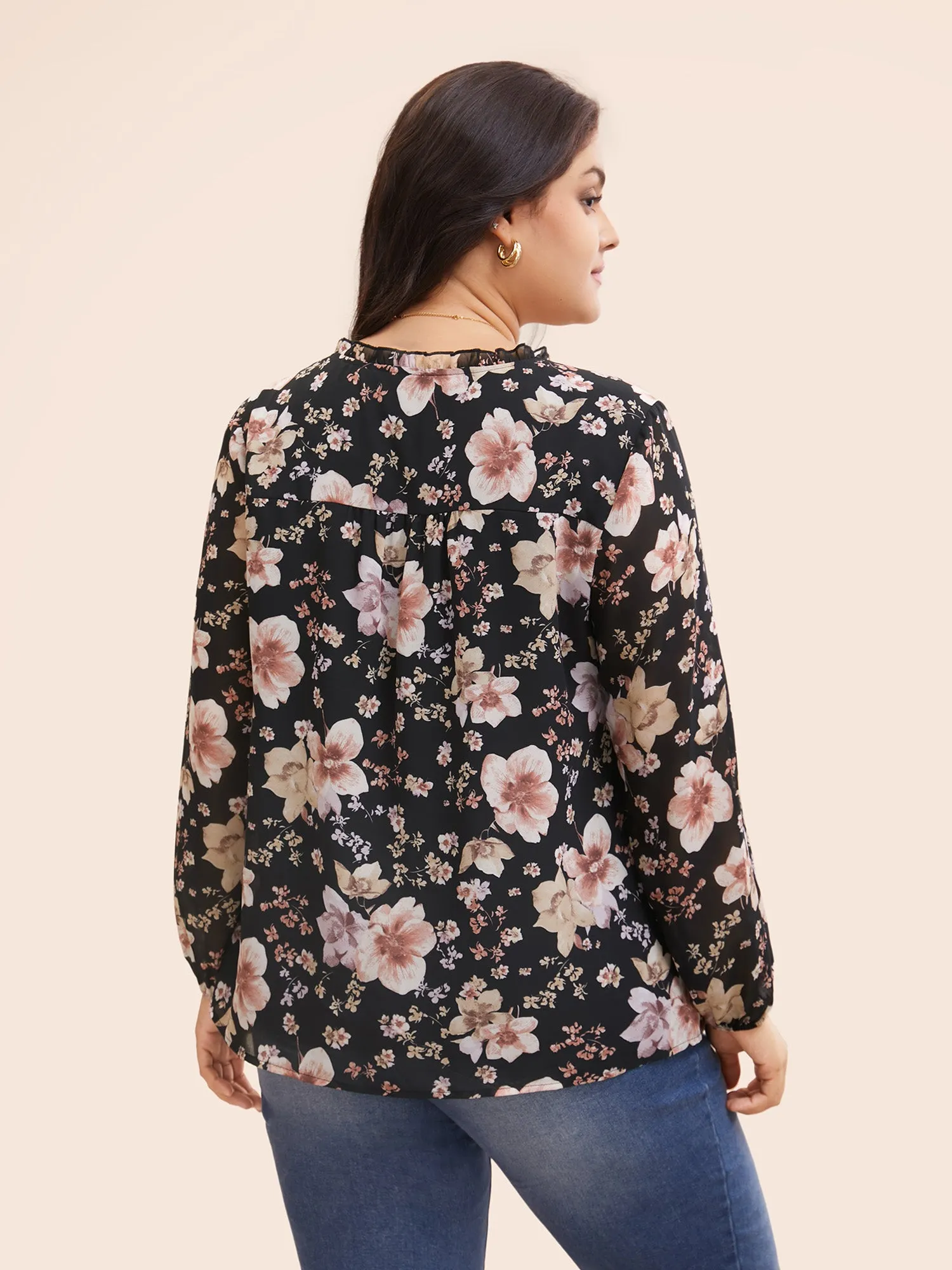 Chiffon Floral Notched Ruffle Trim Blouse sold by Bloomchic product image thumbnail 4