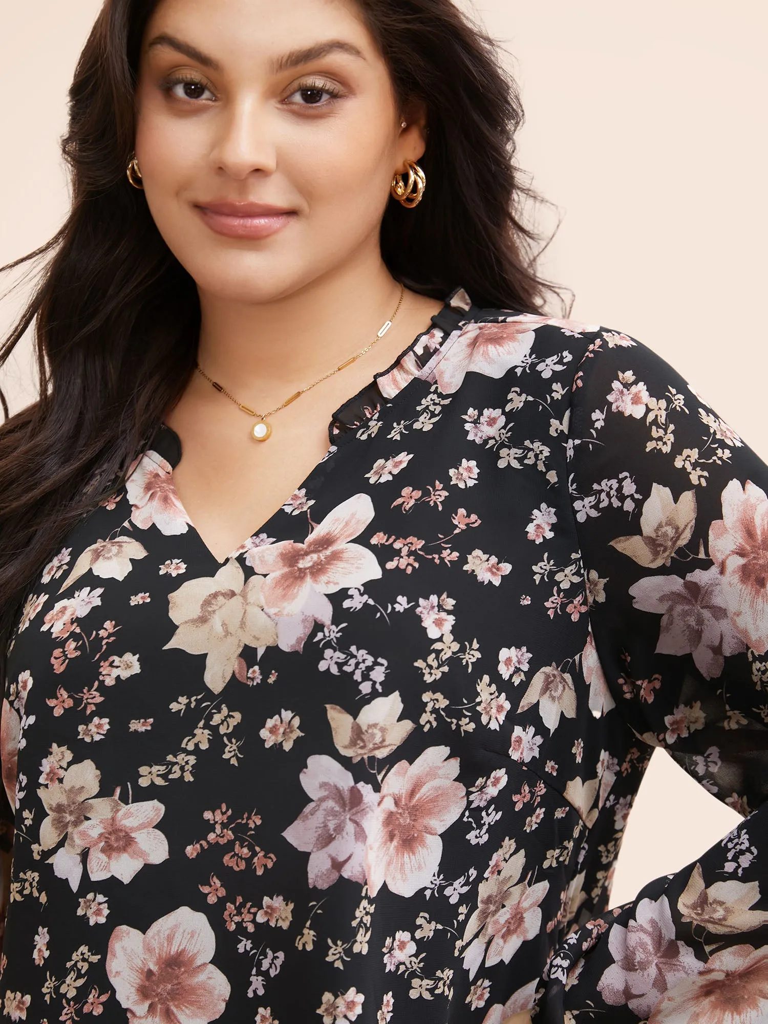 Chiffon Floral Notched Ruffle Trim Blouse sold by Bloomchic product image thumbnail 3