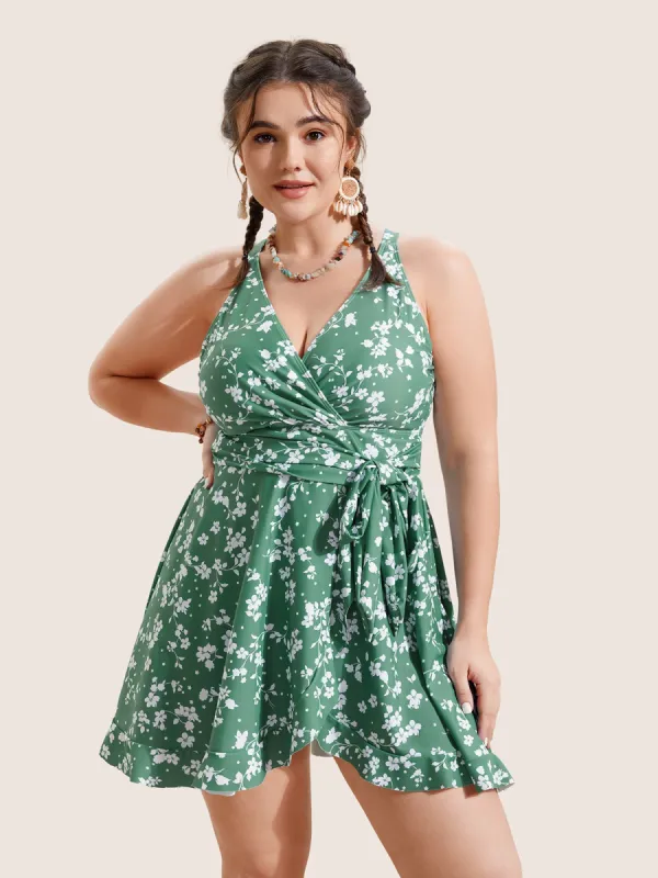 Ditsy Floral Overlap Collar Tie Knot Swim Dress sold by Bloomchic