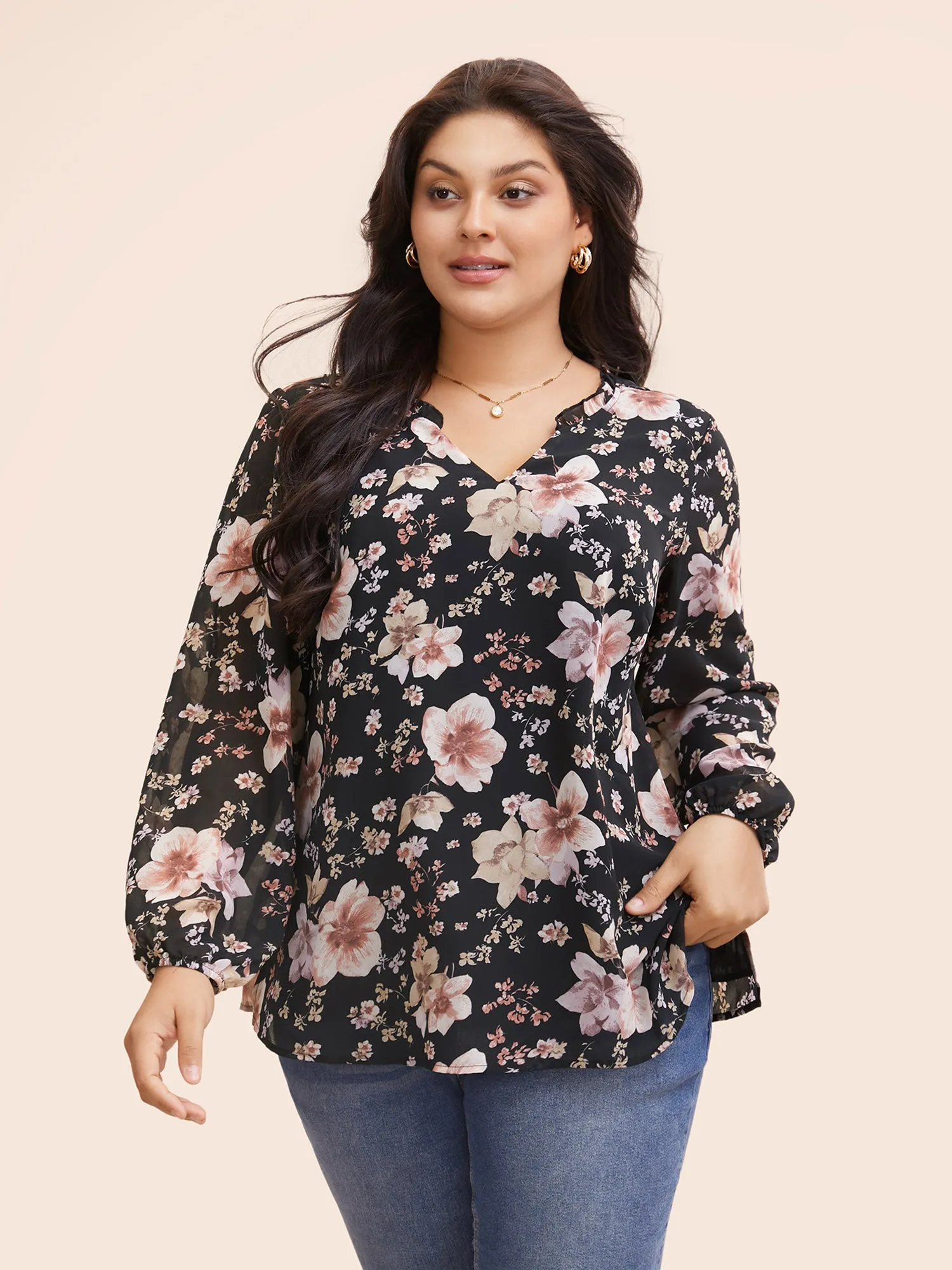 Chiffon Floral Notched Ruffle Trim Blouse sold by Bloomchic
