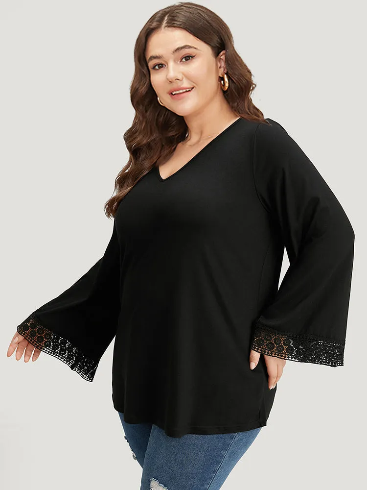 Contrast Lace V Neck Bell Sleeve T-shirt sold by Bloomchic product image thumbnail 3