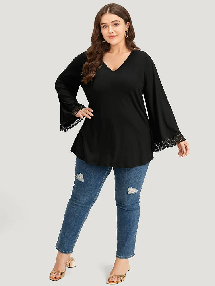 Contrast Lace V Neck Bell Sleeve T-shirt sold by Bloomchic product image thumbnail 4
