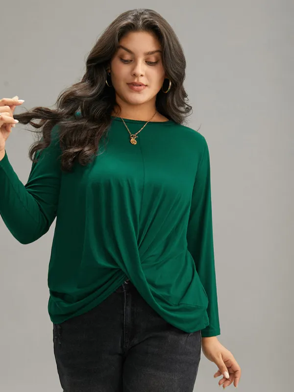 Plain Crossover Gathered Crew Neck T-shirt sold by Bloomchic