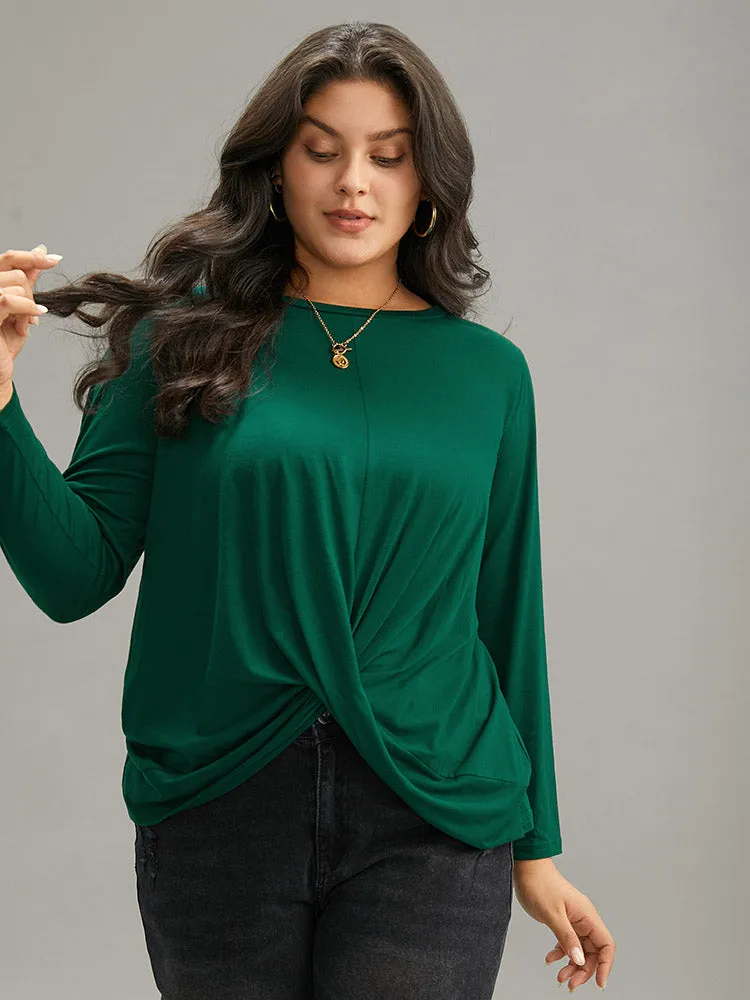 Plain Crossover Gathered Crew Neck T-shirt sold by Bloomchic