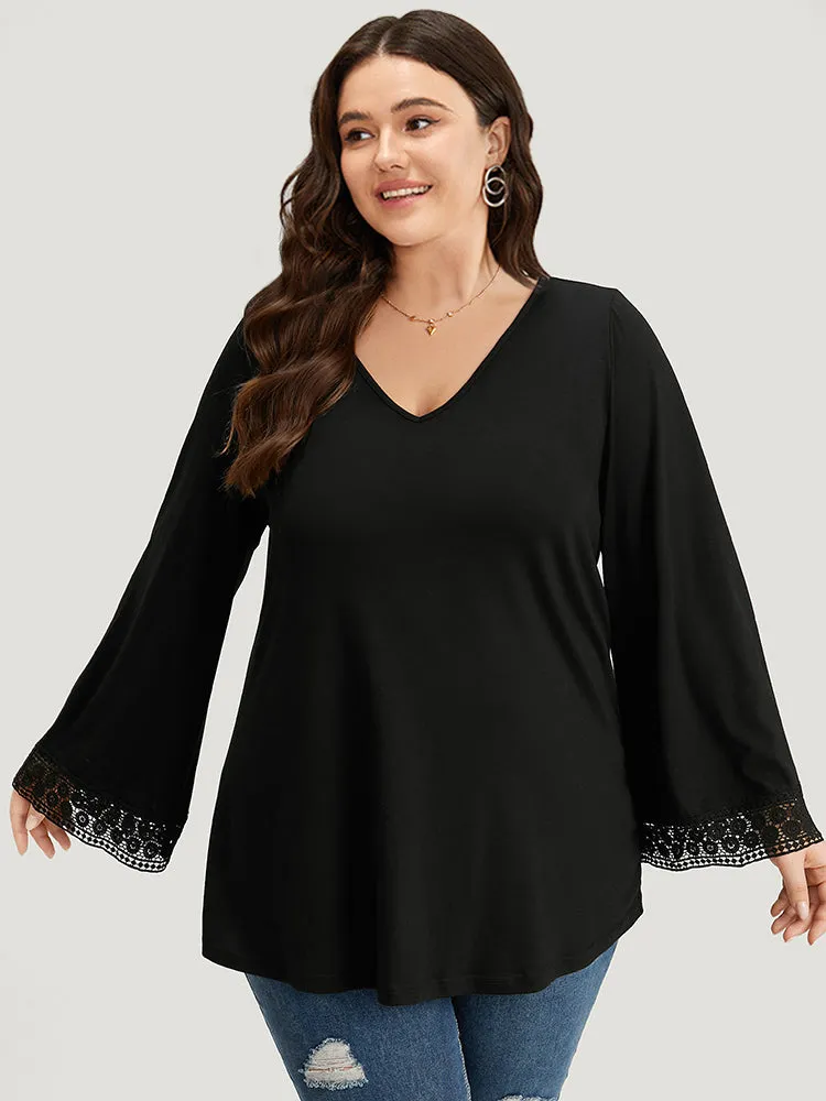 Contrast Lace V Neck Bell Sleeve T-shirt sold by Bloomchic