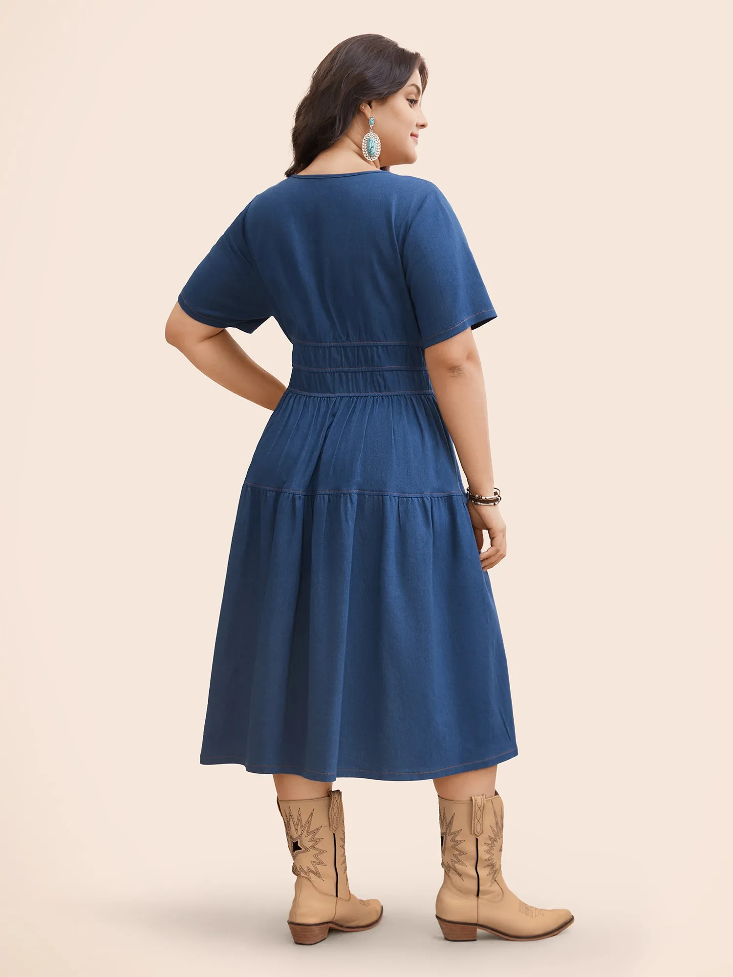 Stretch Denim Pockets Tiered Midi Dress sold by Bloomchic product image thumbnail 3