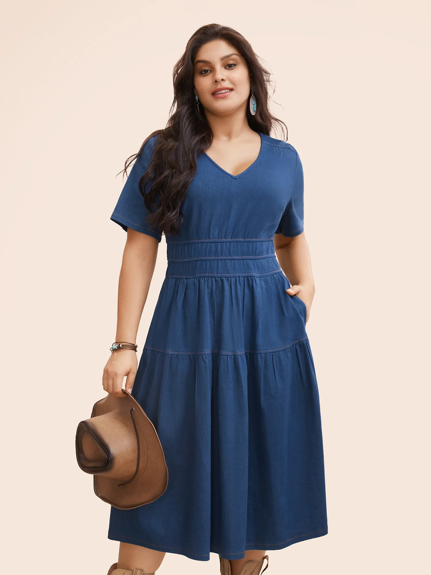 Stretch Denim Pockets Tiered Midi Dress sold by Bloomchic