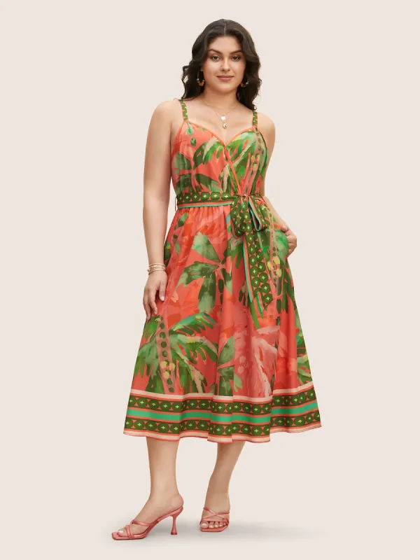 Tropical Print Overlap Collar Belted Cami Dress sold by Bloomchic
