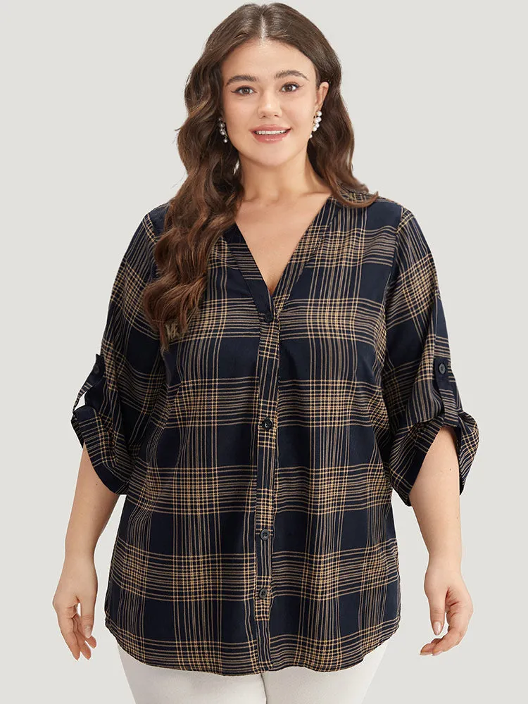 Plaid Button Through Roll Tab Sleeve Blouse sold by Bloomchic product image thumbnail 2