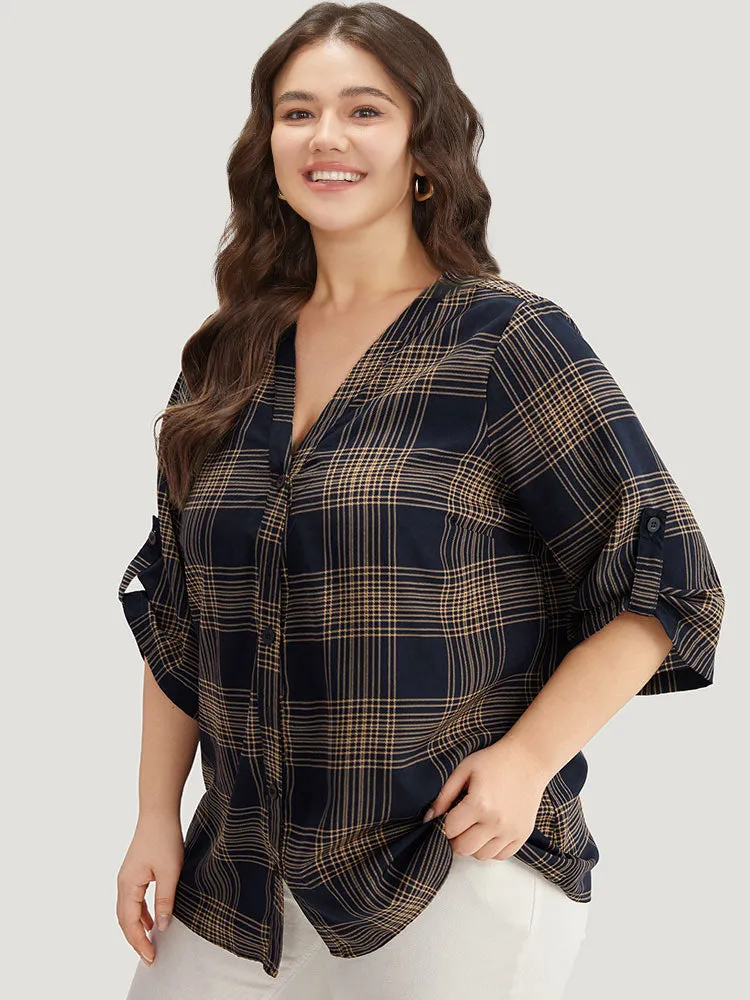 Plaid Button Through Roll Tab Sleeve Blouse sold by Bloomchic product image thumbnail 5