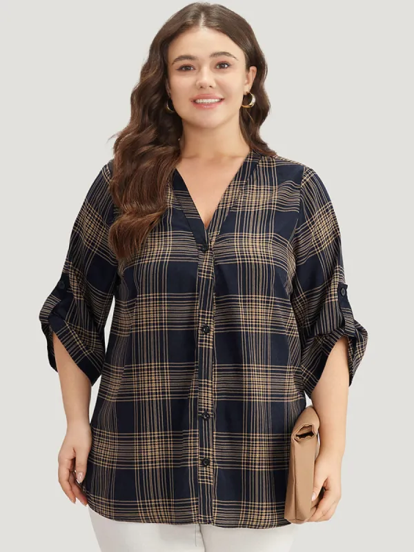 Plaid Button Through Roll Tab Sleeve Blouse sold by Bloomchic
