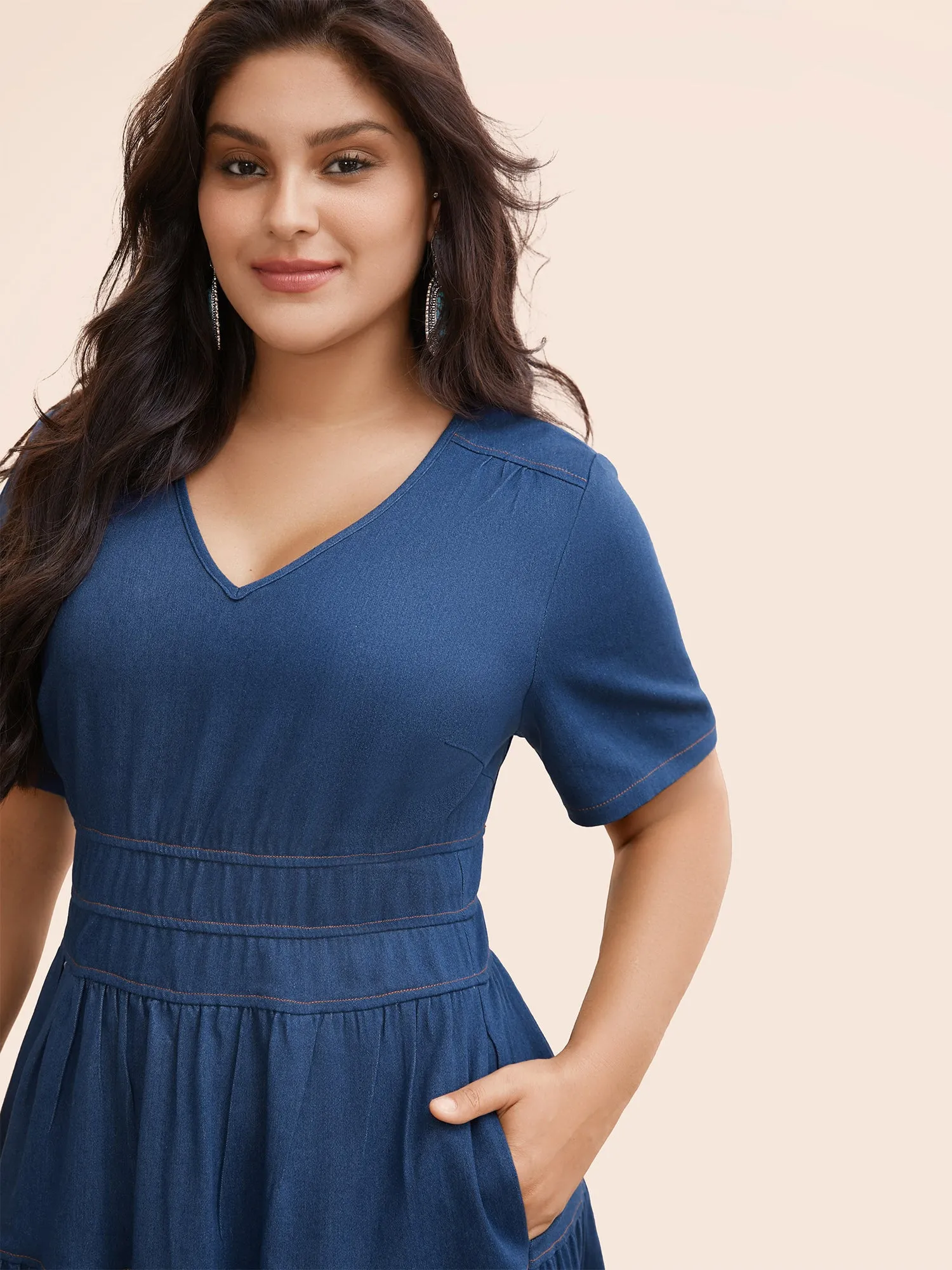 Stretch Denim Pockets Tiered Midi Dress sold by Bloomchic product image thumbnail 4