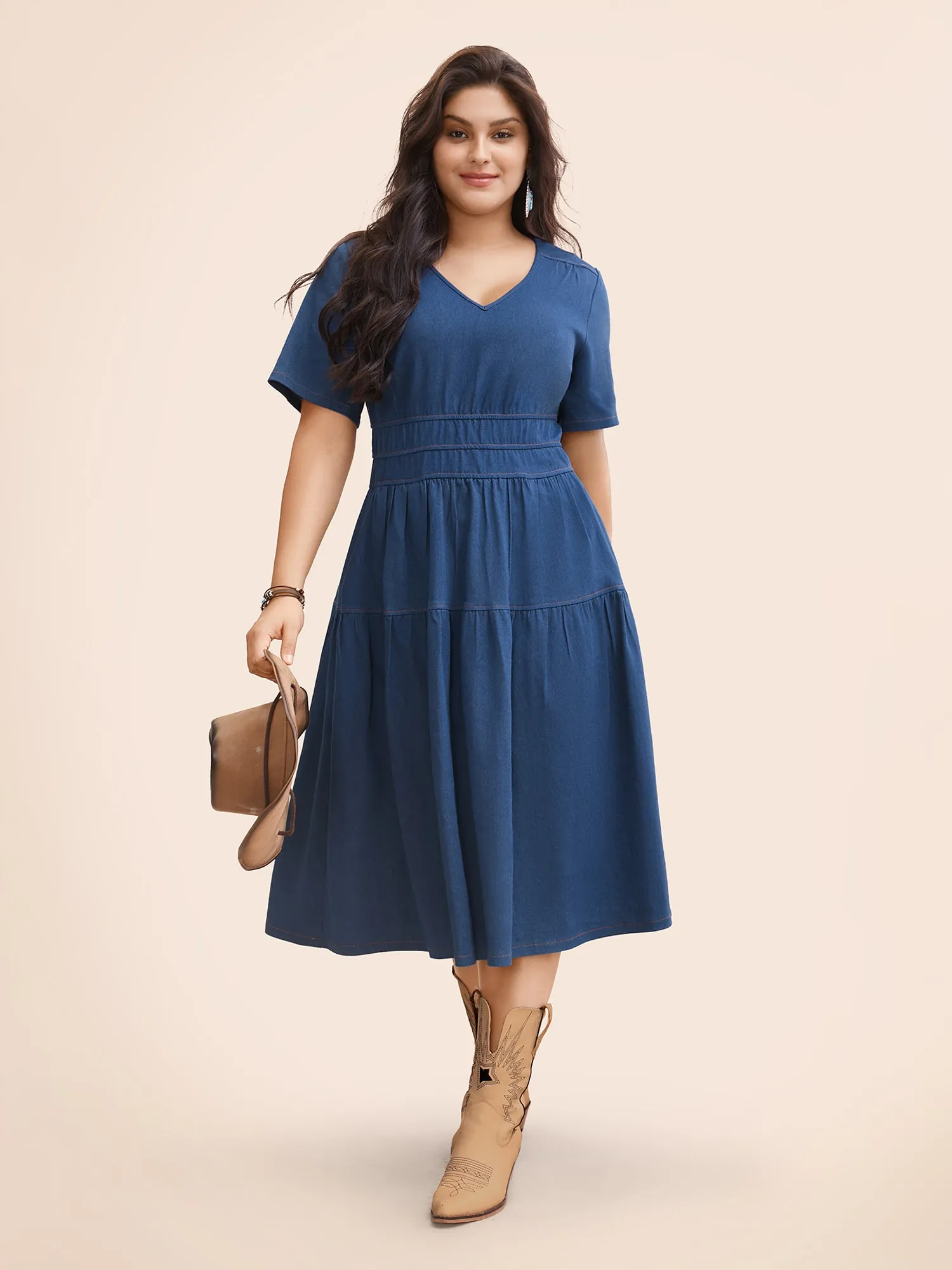 Stretch Denim Pockets Tiered Midi Dress sold by Bloomchic product image thumbnail 2