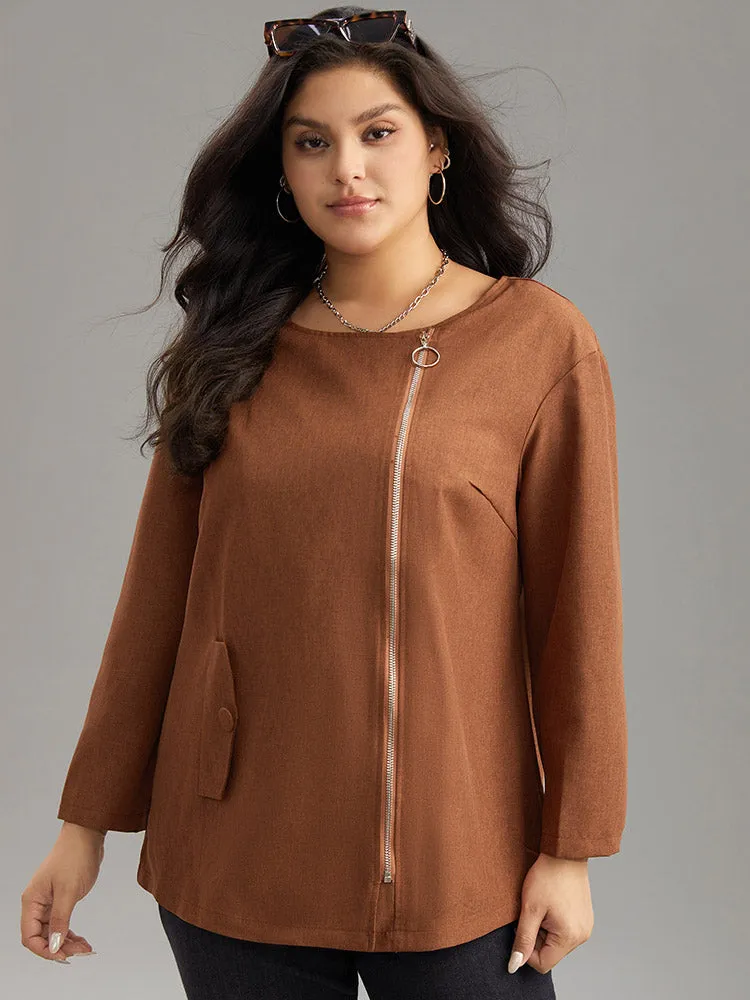 Plain Asymmetrical Neck Zipper Jacket sold by Bloomchic