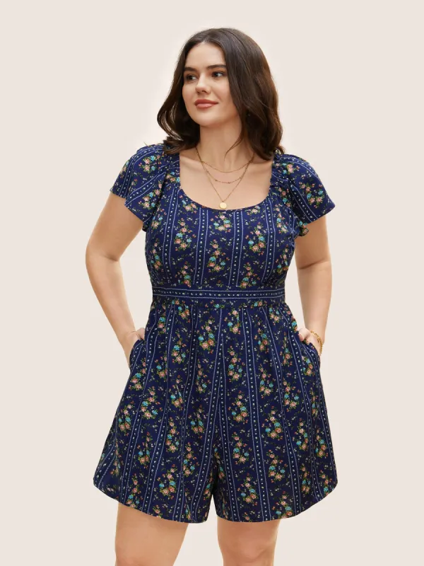 Floral Square Neck Frill Trim Gathered Romper sold by Bloomchic