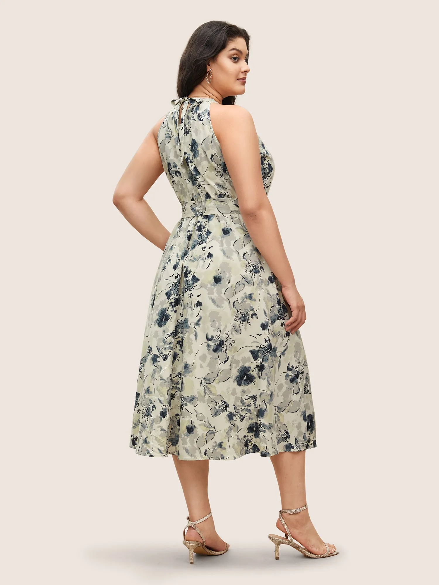 Watercolor Floral Halter Neck Belted Gathered Dress sold by Bloomchic product image thumbnail 4