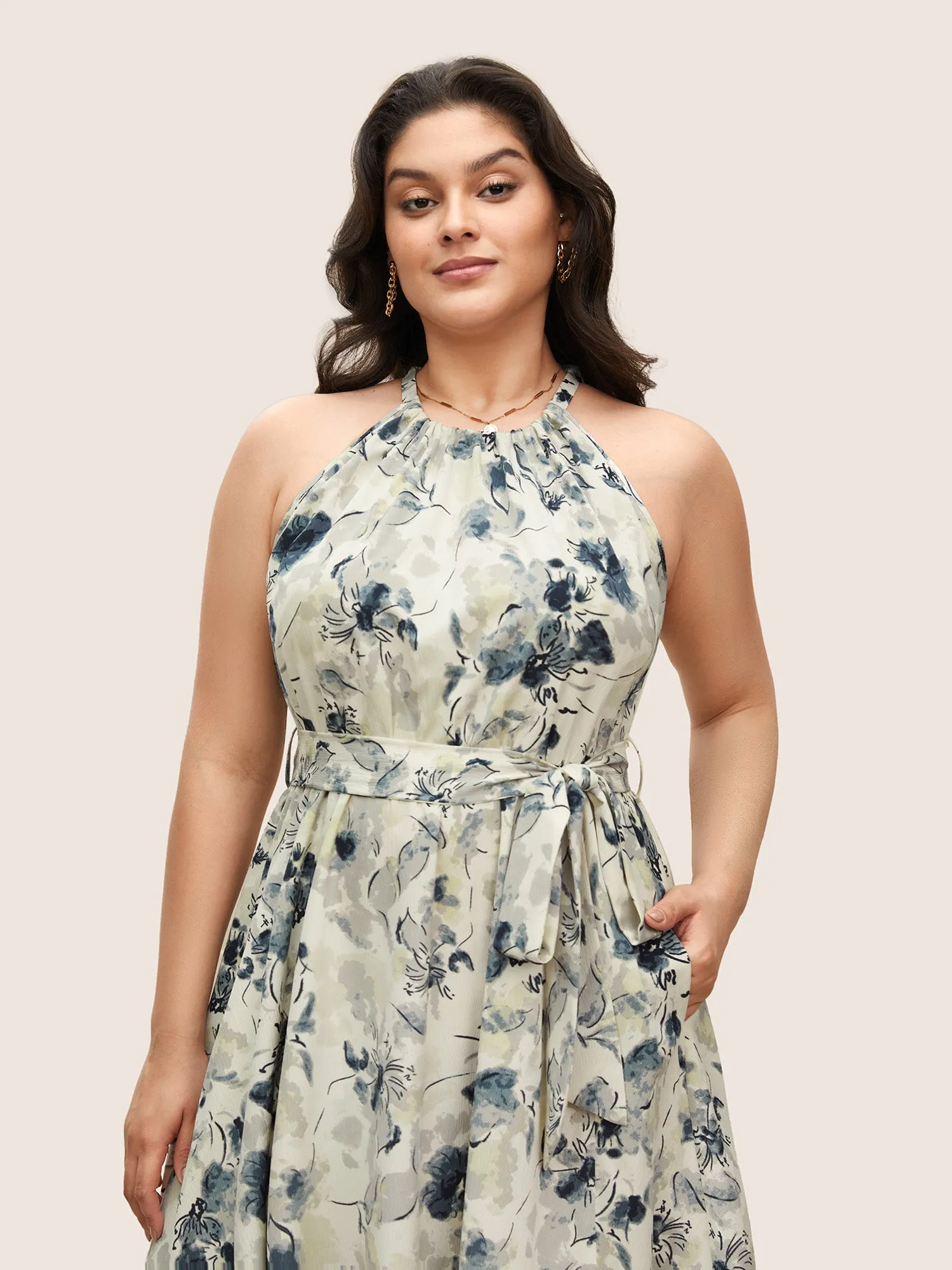 Watercolor Floral Halter Neck Belted Gathered Dress sold by Bloomchic product image thumbnail 2