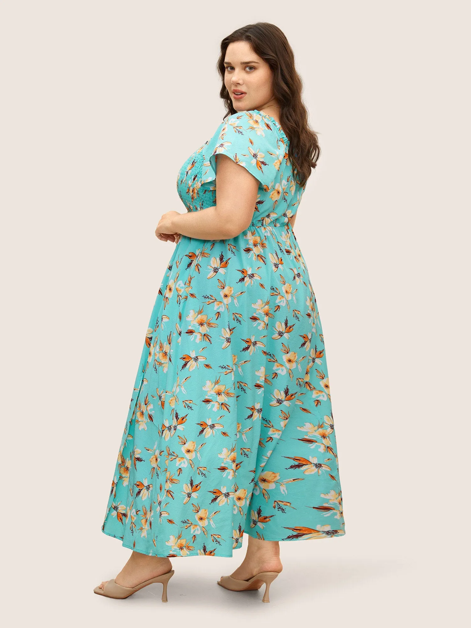 Floral Shirred Elastic Waist Split Hem Dress sold by Bloomchic product image thumbnail 3