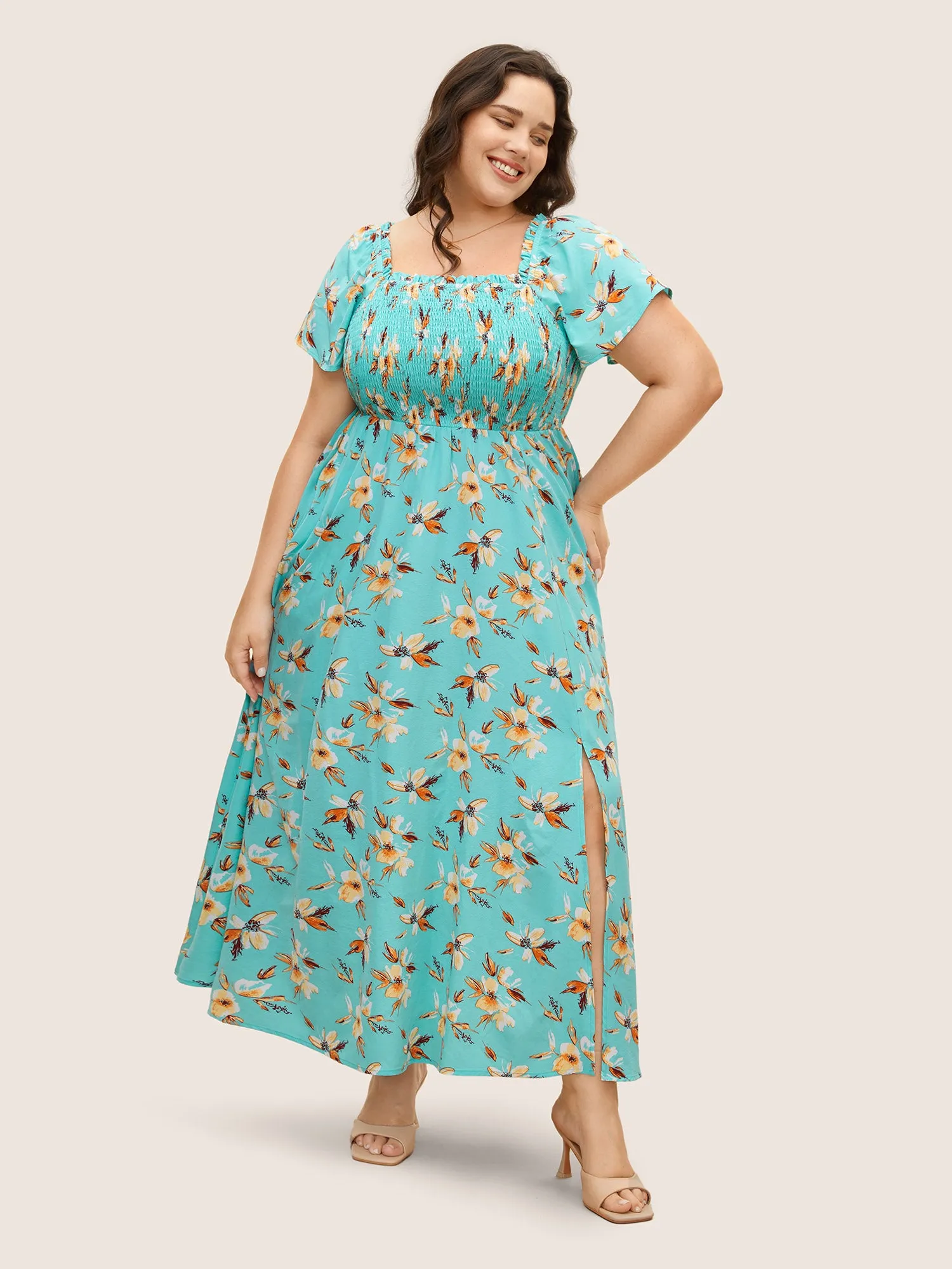 Floral Shirred Elastic Waist Split Hem Dress sold by Bloomchic product image thumbnail 2