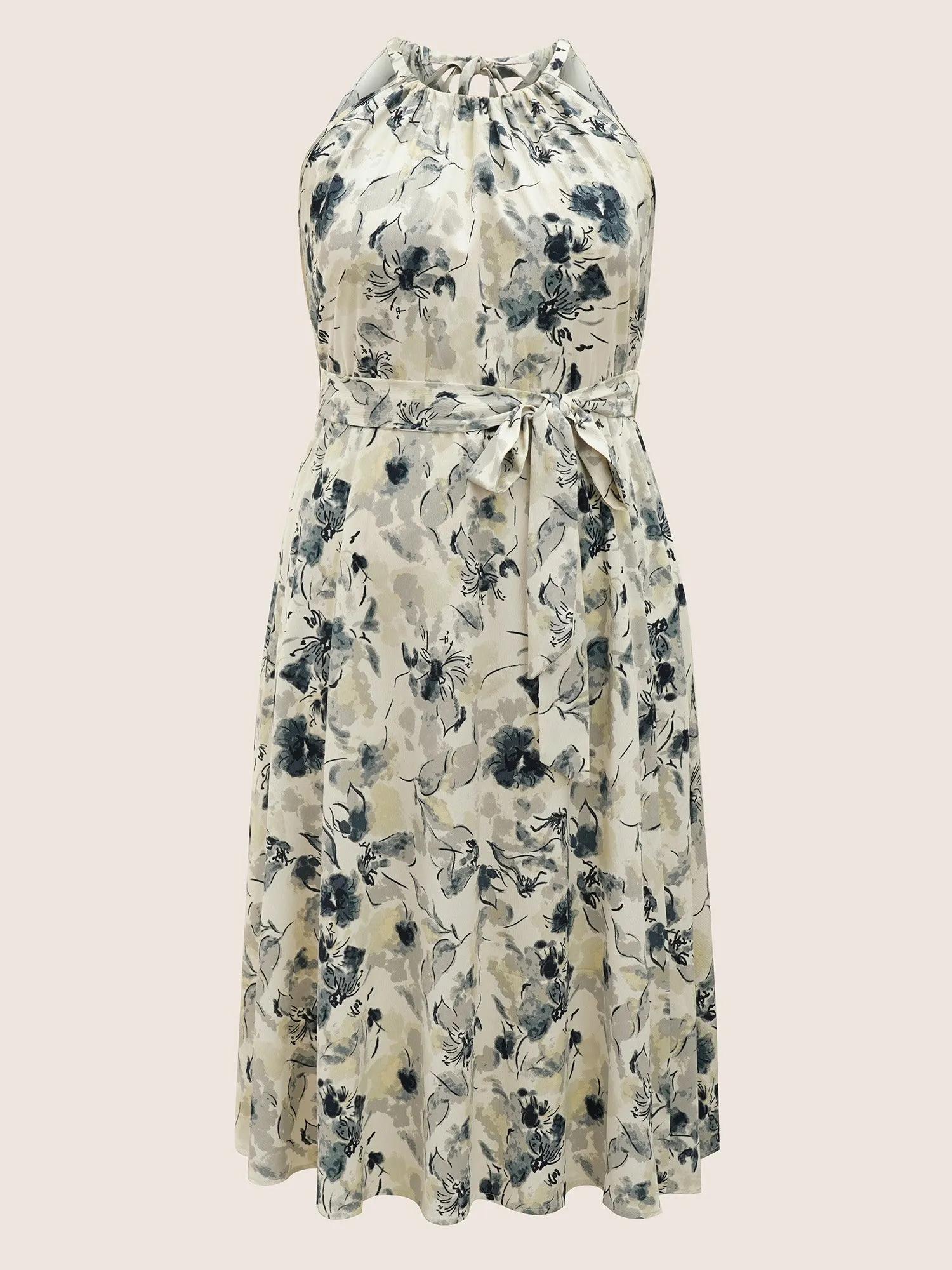 Watercolor Floral Halter Neck Belted Gathered Dress sold by Bloomchic product image thumbnail 5