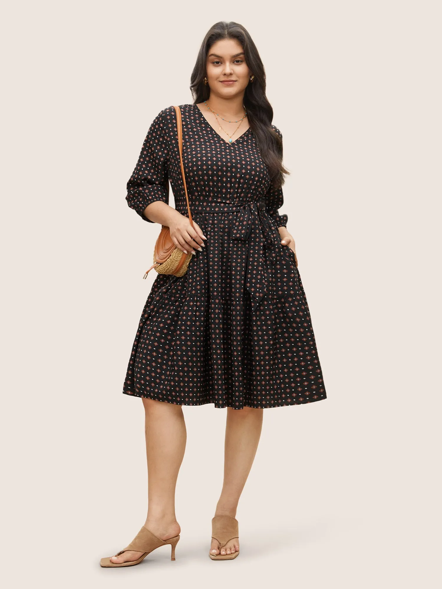 Geometric Graphic Belted Pocket V Neck Dress sold by Bloomchic