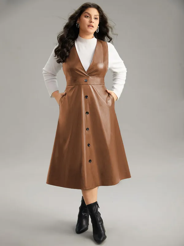 PU Leather Sleeveless Button Detail Dress sold by Bloomchic