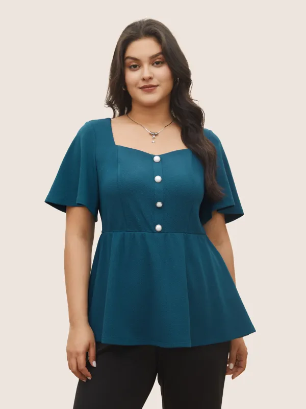 Plain Texture Square Neck Button Detail Blouse sold by Bloomchic