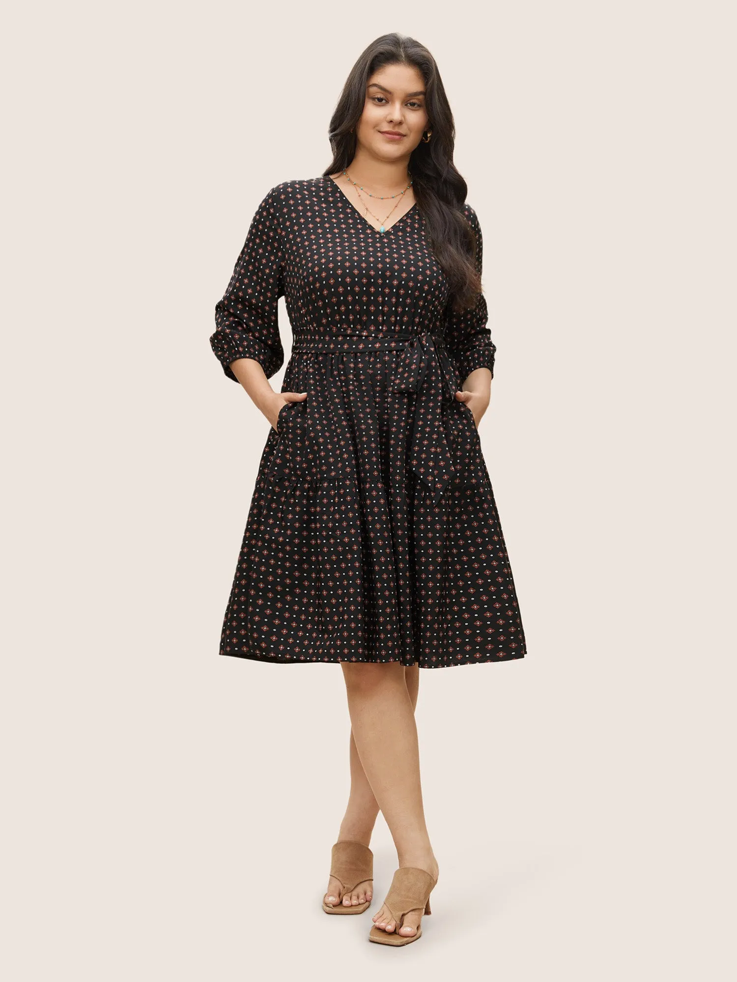 Geometric Graphic Belted Pocket V Neck Dress sold by Bloomchic product image thumbnail 2