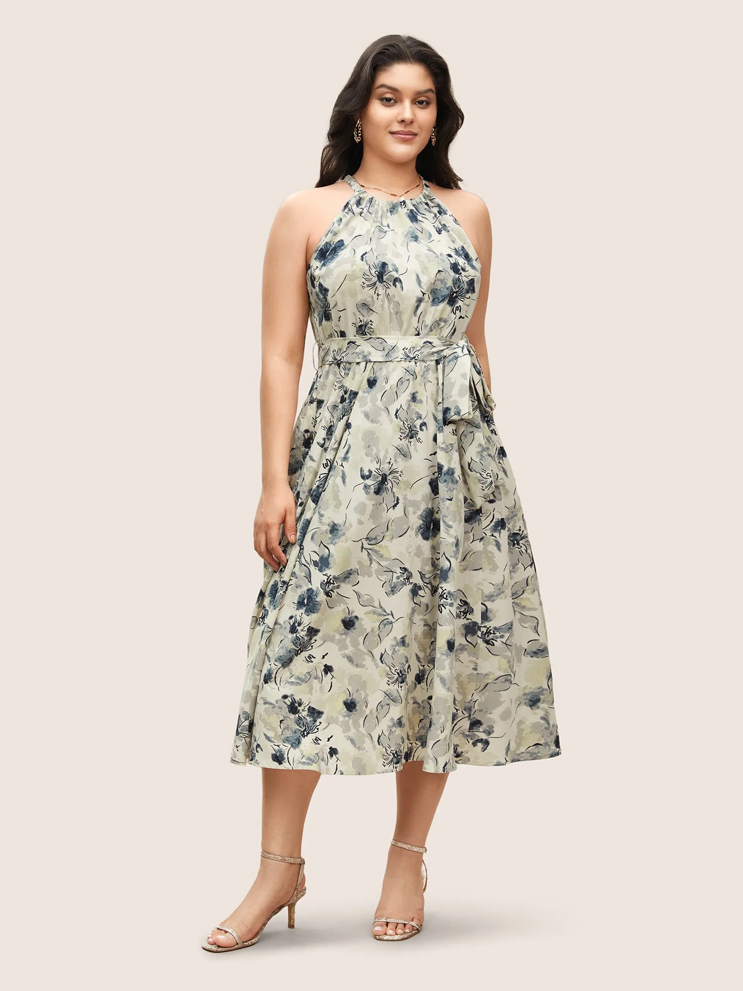 Watercolor Floral Halter Neck Belted Gathered Dress sold by Bloomchic product image thumbnail 3