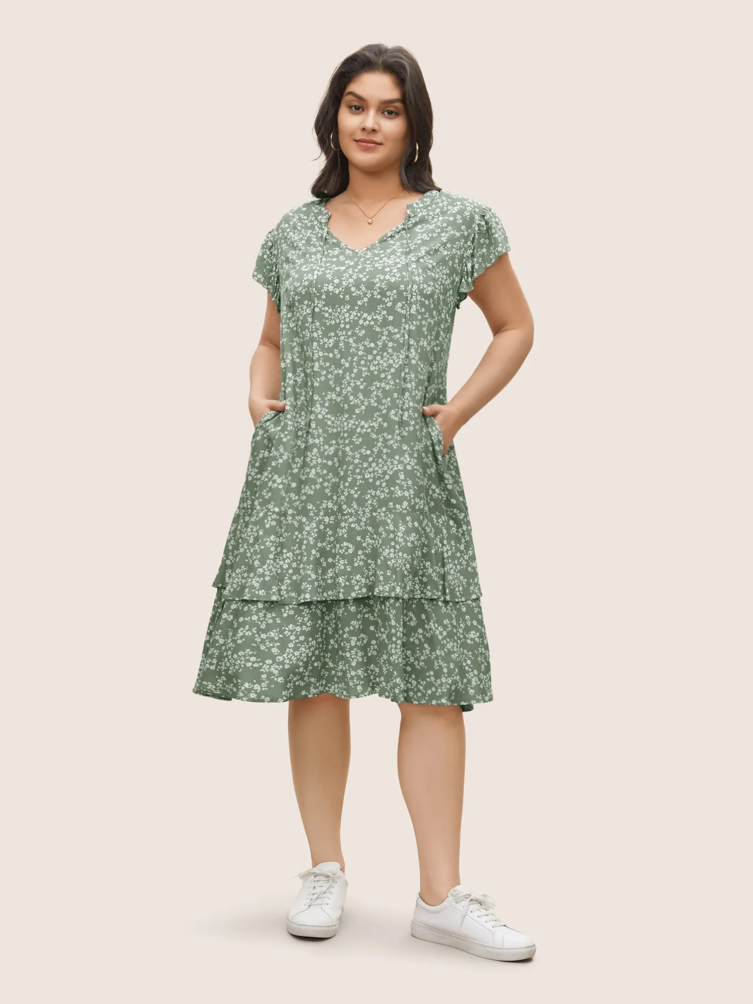 Ditsy Floral Ties Pocket Flutter Layered Hem Dress sold by Bloomchic product image thumbnail 2