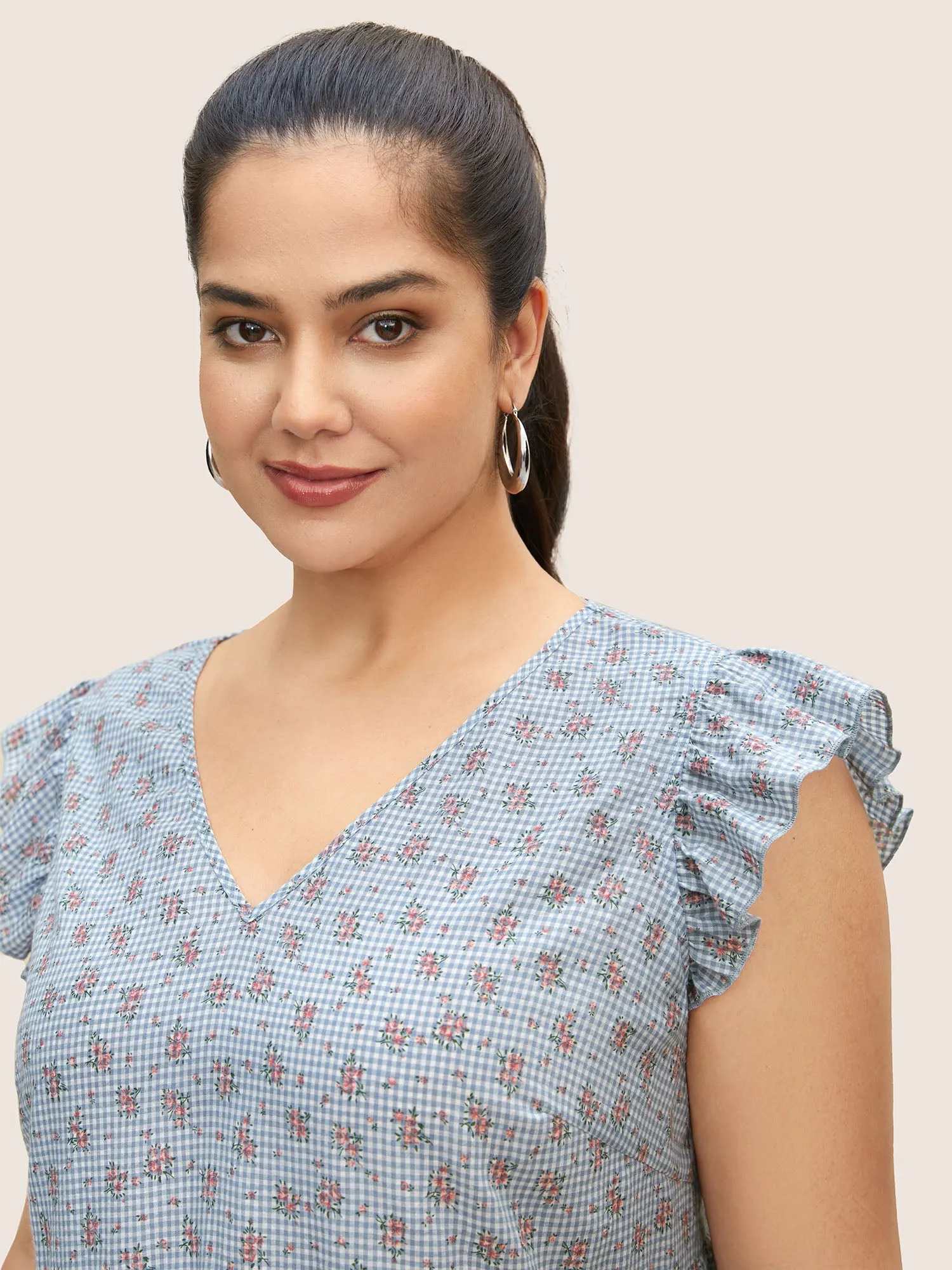 Gingham Ditsy Floral Ruffle Cap Sleeve Blouse sold by Bloomchic product image thumbnail 4