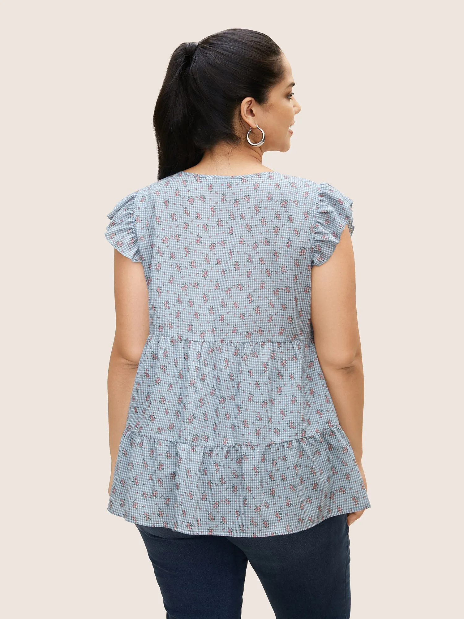 Gingham Ditsy Floral Ruffle Cap Sleeve Blouse sold by Bloomchic product image thumbnail 3