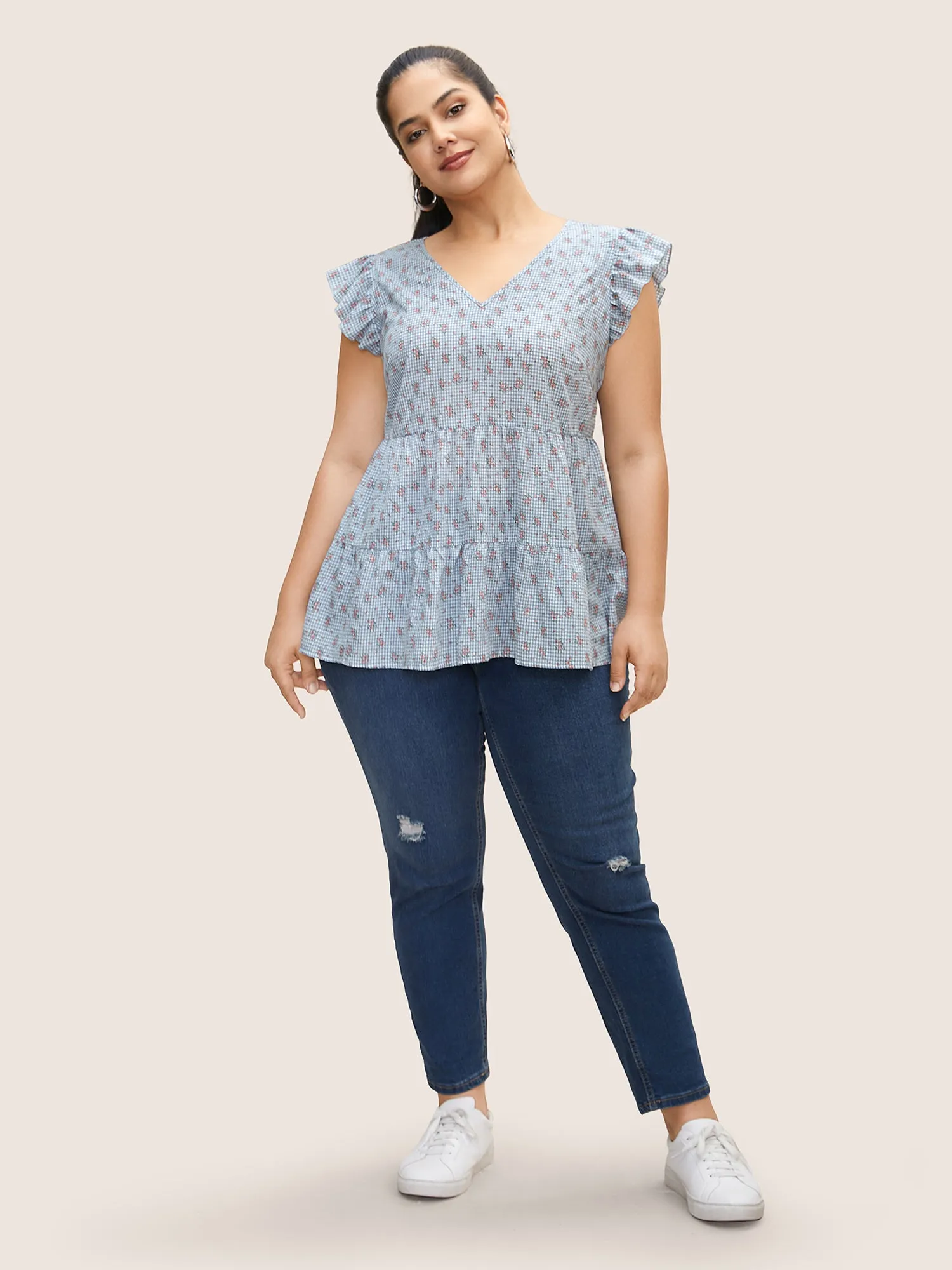 Gingham Ditsy Floral Ruffle Cap Sleeve Blouse sold by Bloomchic product image thumbnail 2