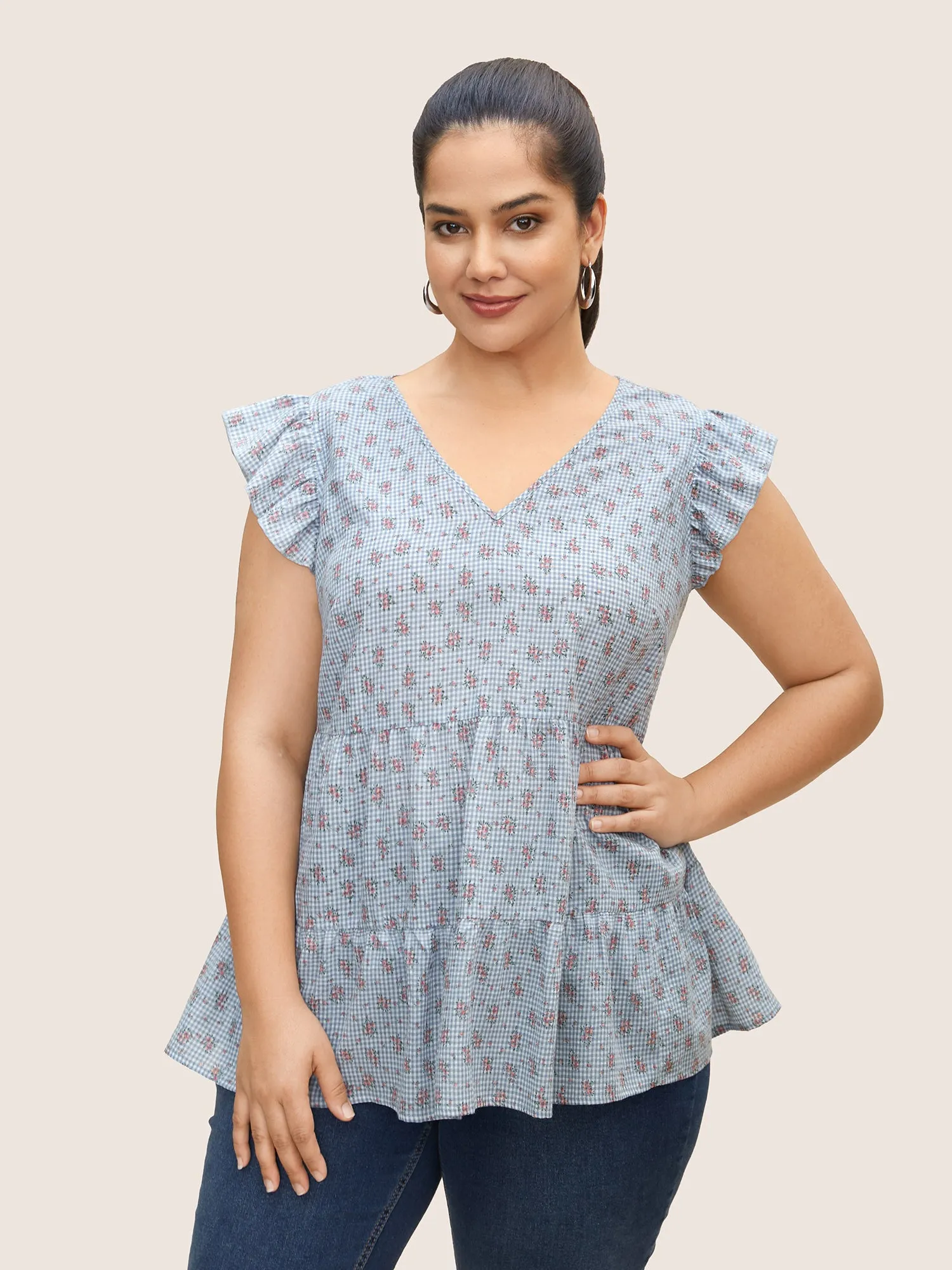 Gingham Ditsy Floral Ruffle Cap Sleeve Blouse sold by Bloomchic