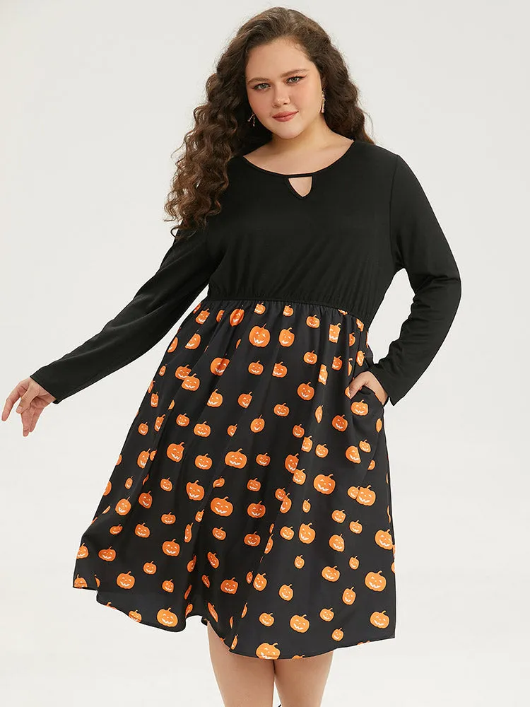 Halloween Pumpkin Print Patchwork Keyhole Pocket Dress sold by Bloomchic product image thumbnail 2