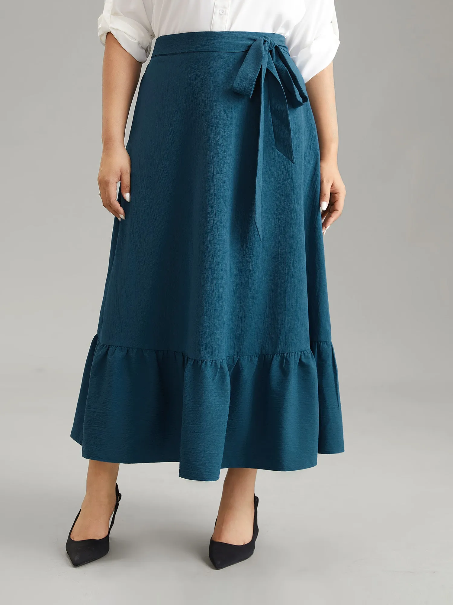 Solid Texture Ties Elastic Waist Ruffle Hem Skirt sold by Bloomchic product image thumbnail 4