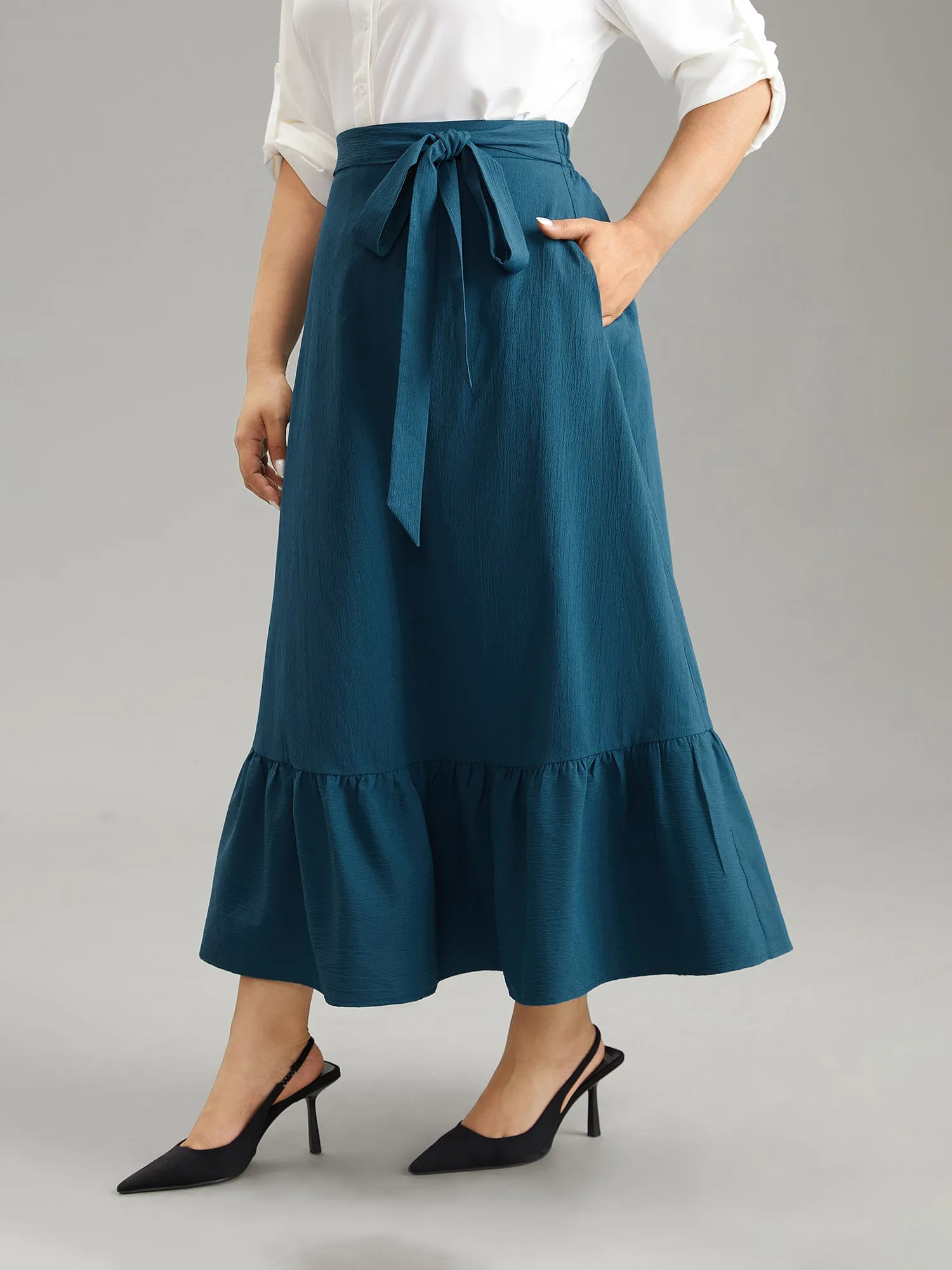 Solid Texture Ties Elastic Waist Ruffle Hem Skirt sold by Bloomchic