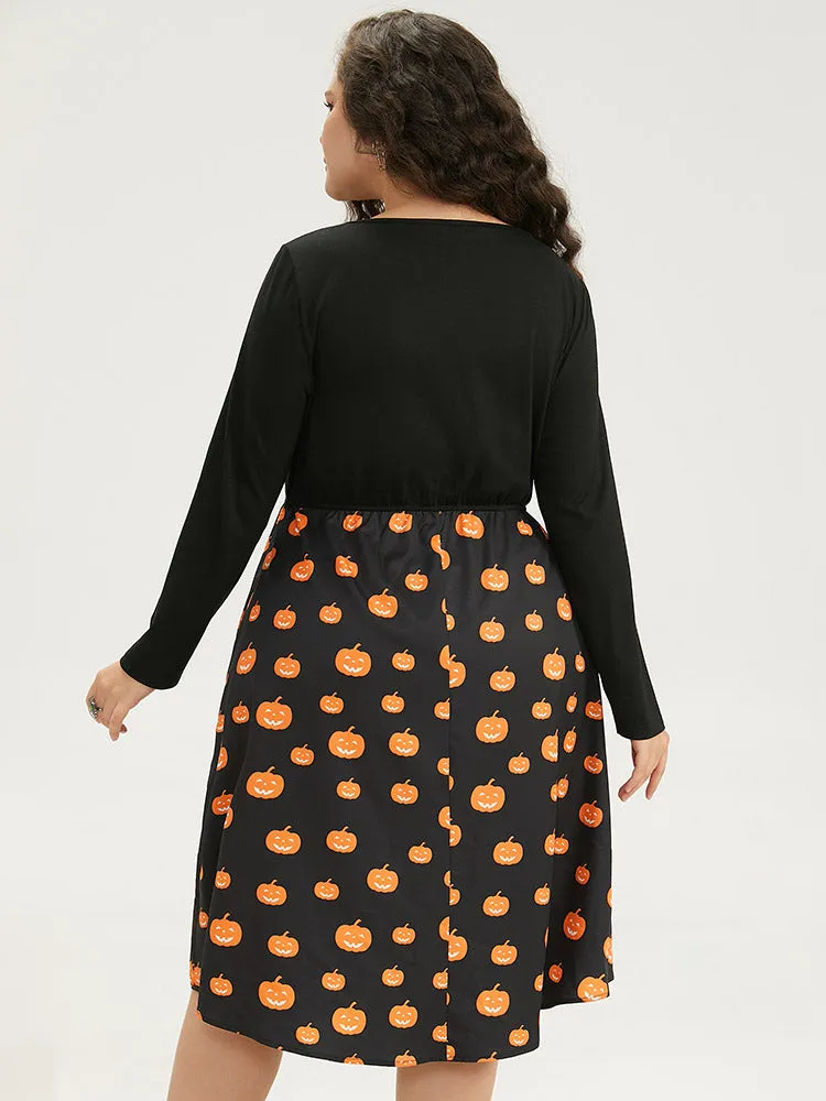 Halloween Pumpkin Print Patchwork Keyhole Pocket Dress sold by Bloomchic product image thumbnail 3