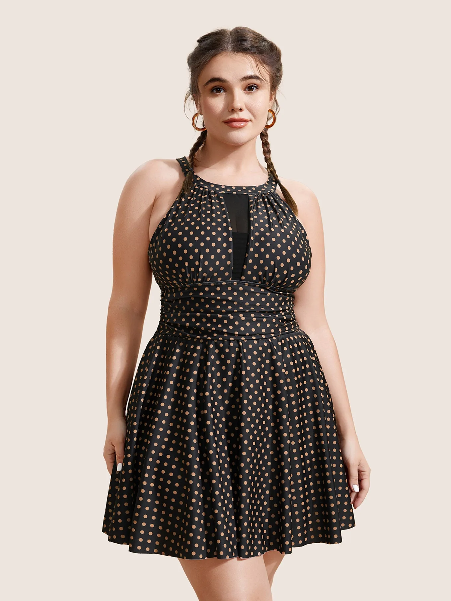 Polka Dot Halter Neck Gathered Swim Dress sold by Bloomchic
