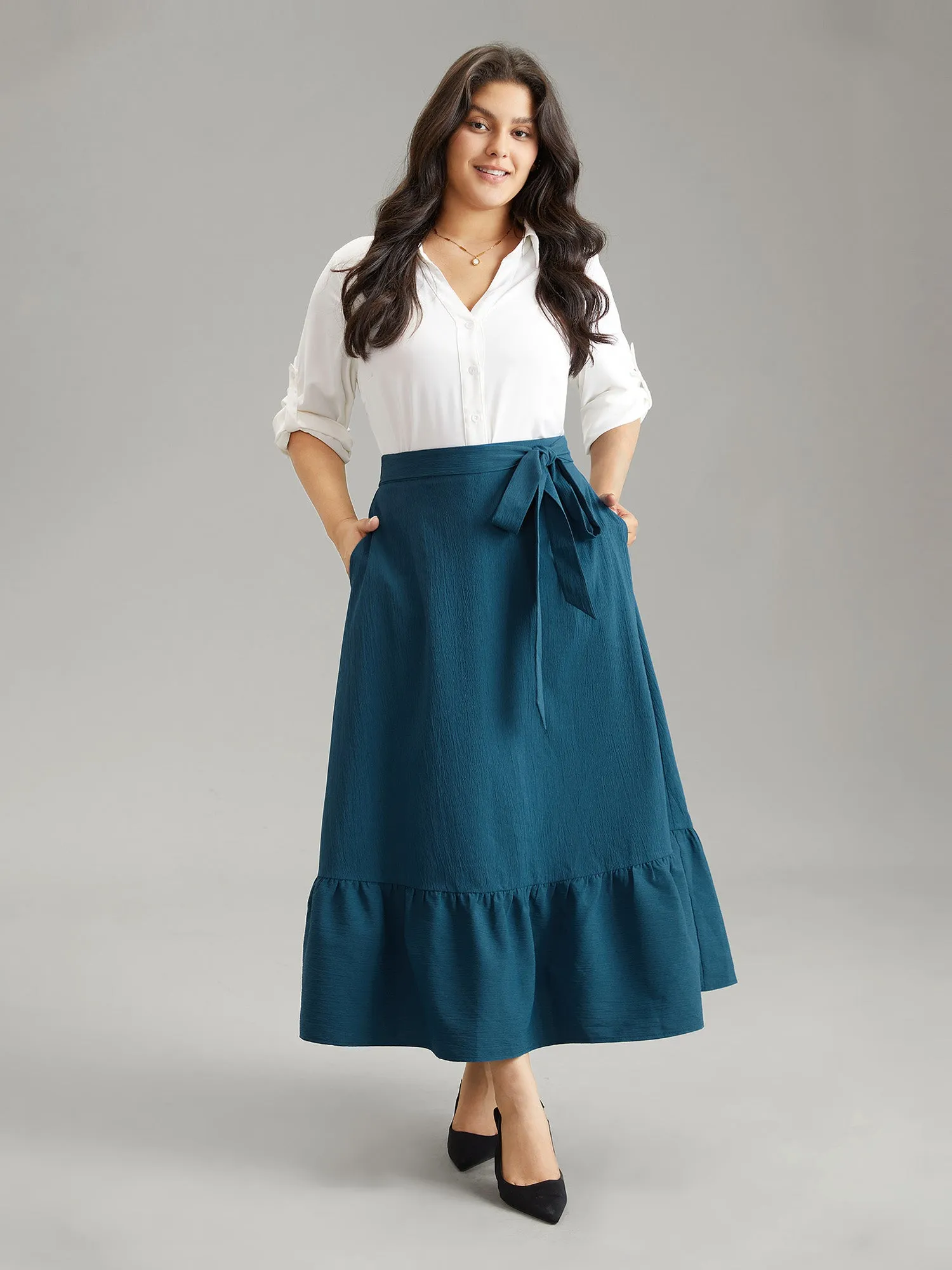 Solid Texture Ties Elastic Waist Ruffle Hem Skirt sold by Bloomchic product image thumbnail 2