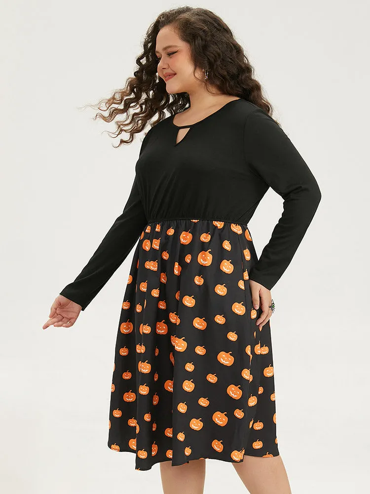 Halloween Pumpkin Print Patchwork Keyhole Pocket Dress sold by Bloomchic product image thumbnail 4