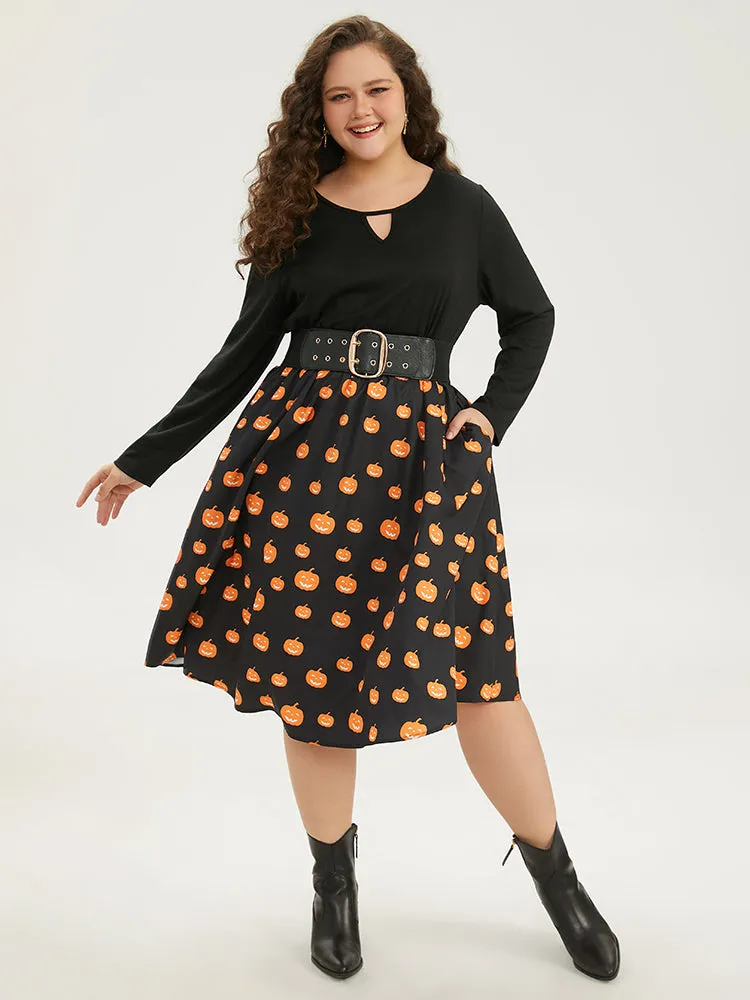 Halloween Pumpkin Print Patchwork Keyhole Pocket Dress sold by Bloomchic