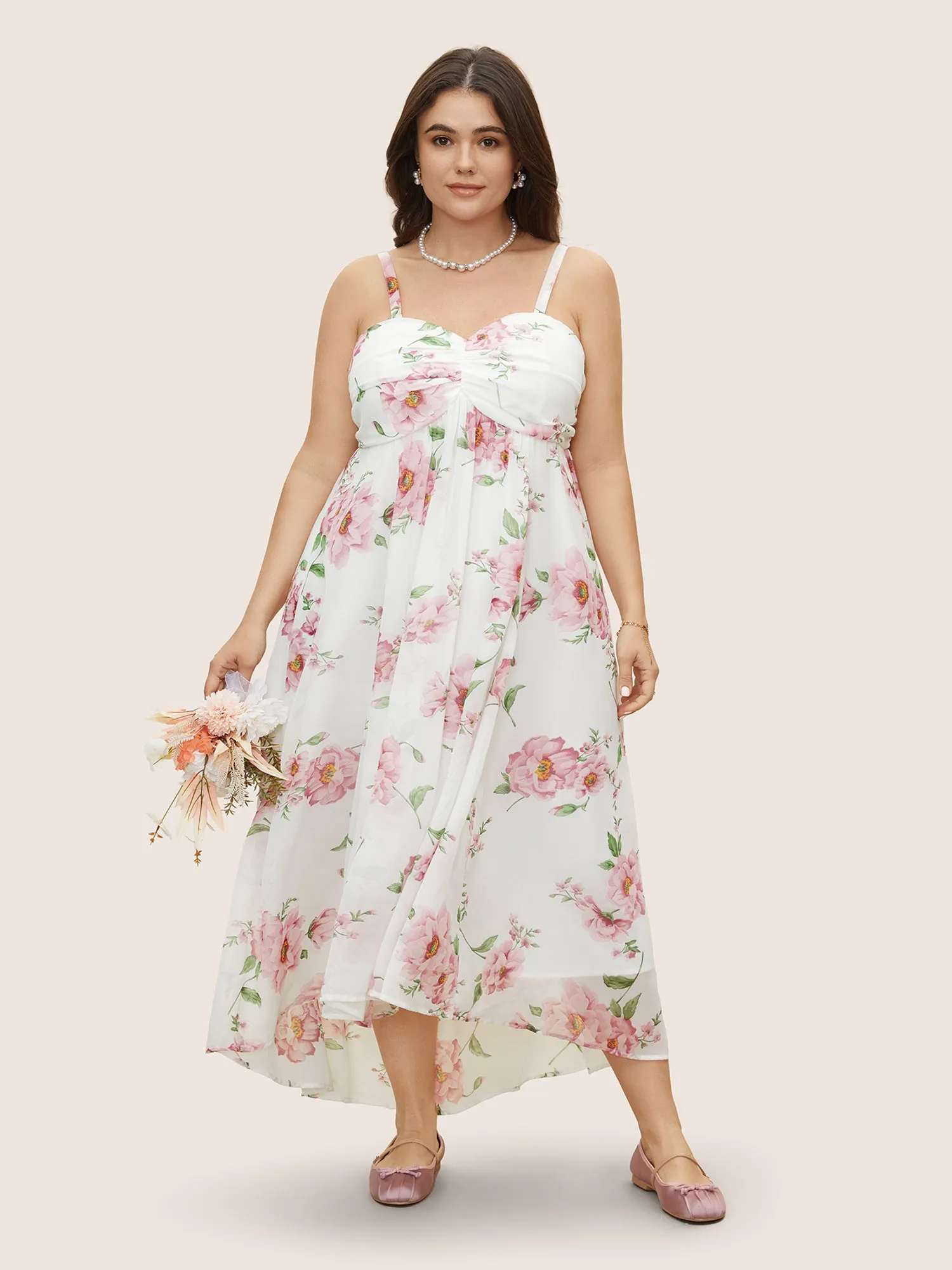 Floral Mesh Ruched Adjustable Straps Dress sold by Bloomchic