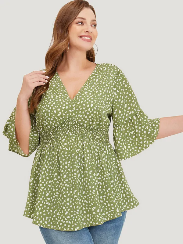 Leopard Print Bell Sleeve Shirred Blouse sold by Bloomchic