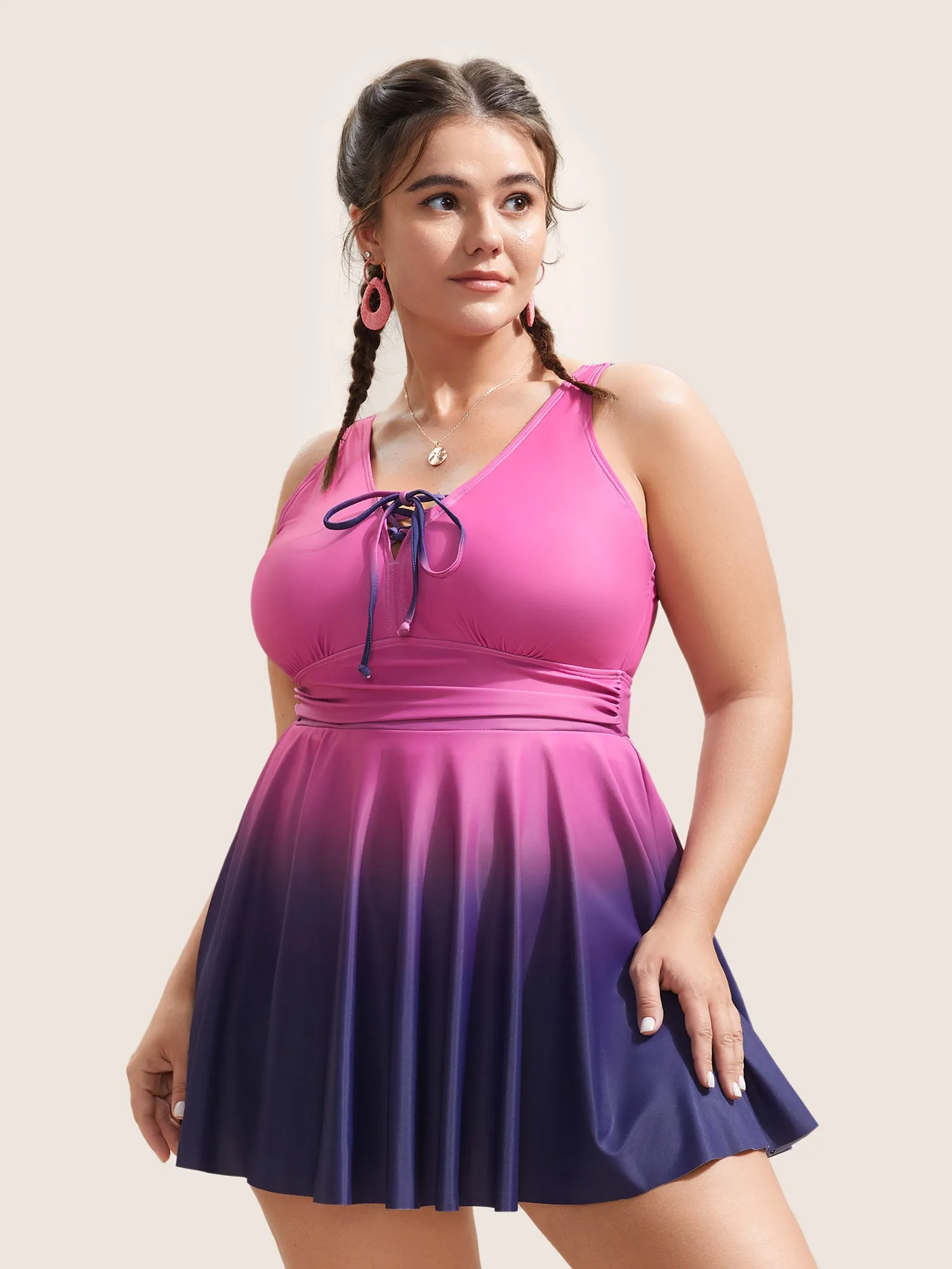 Ombre Contrast Ruched Lace Up Swim Dress sold by Bloomchic