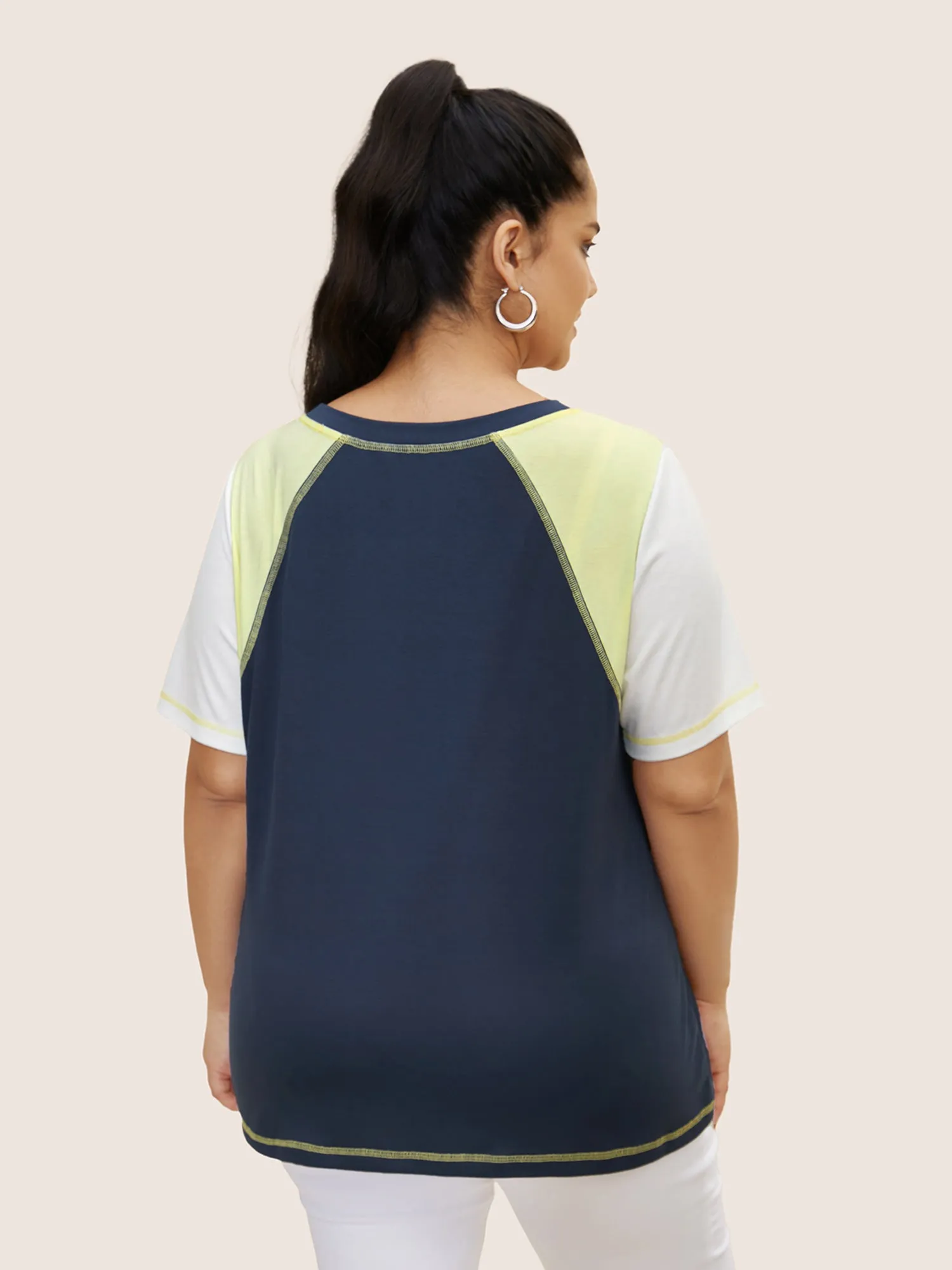 Round Neck Contrast Patchwork Quilted T-shirt sold by Bloomchic product image thumbnail 5