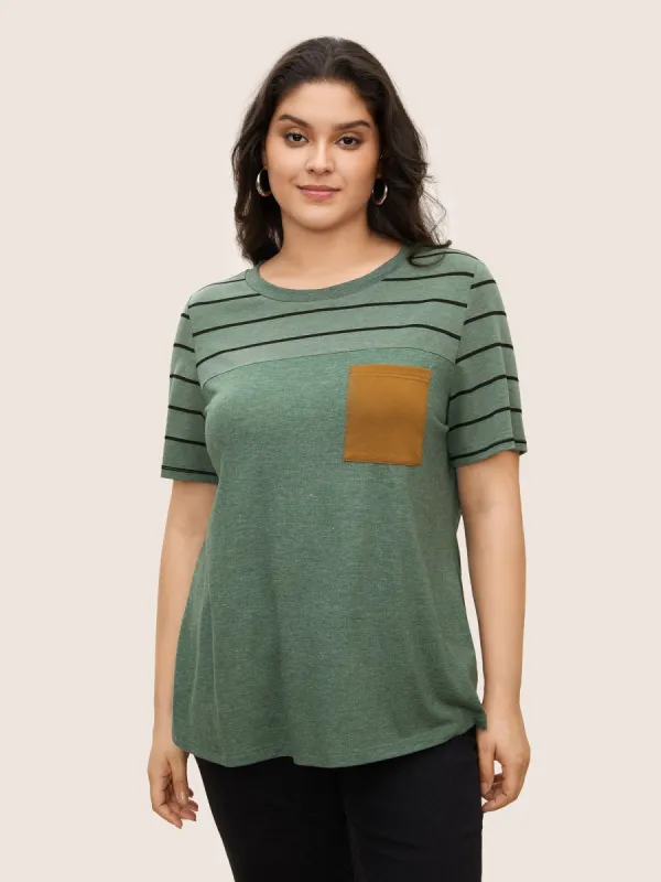 Stripes Patchwork Crew Neck Patched Pocket T-shirt sold by Bloomchic