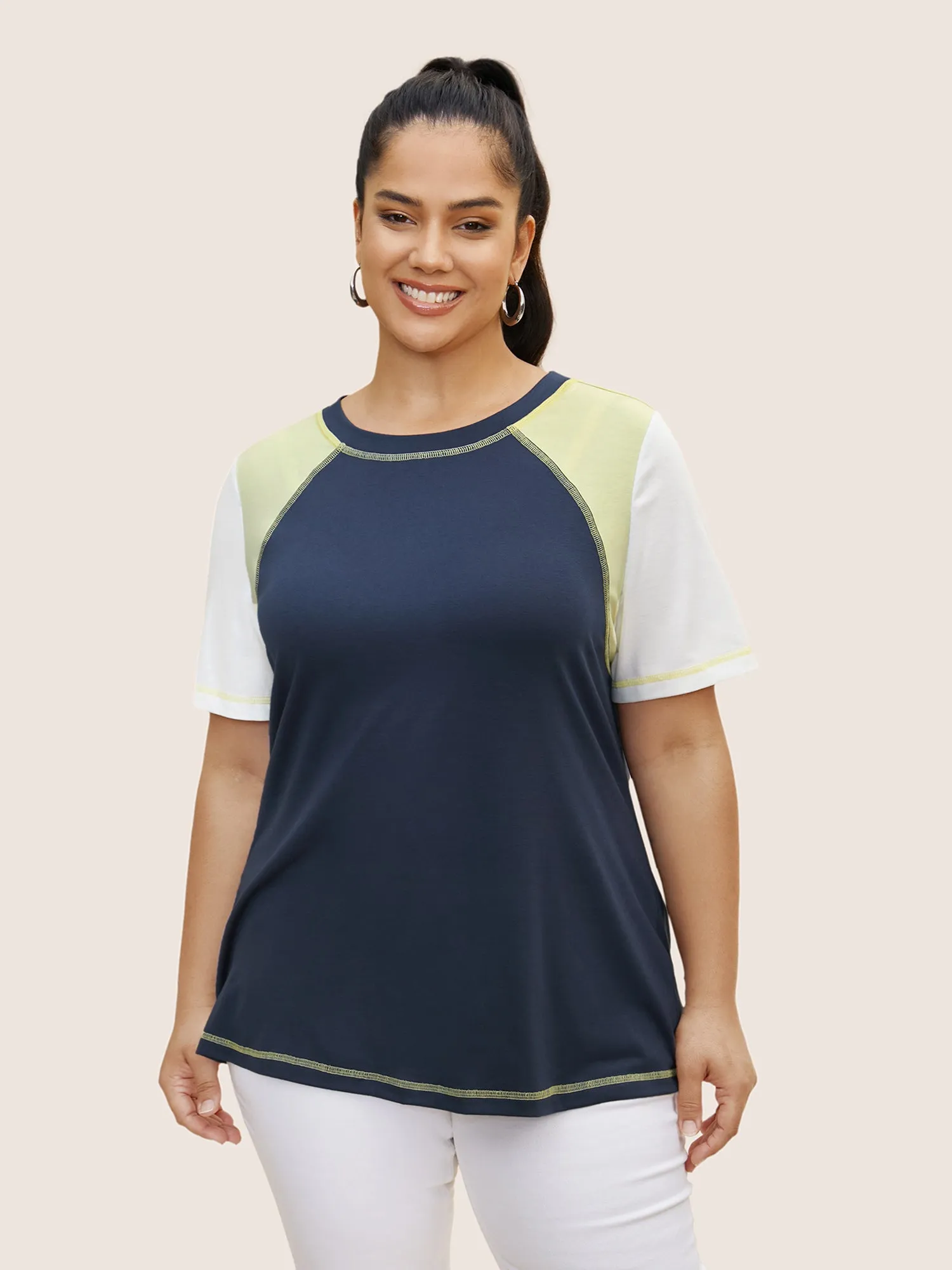 Round Neck Contrast Patchwork Quilted T-shirt sold by Bloomchic product image thumbnail 4