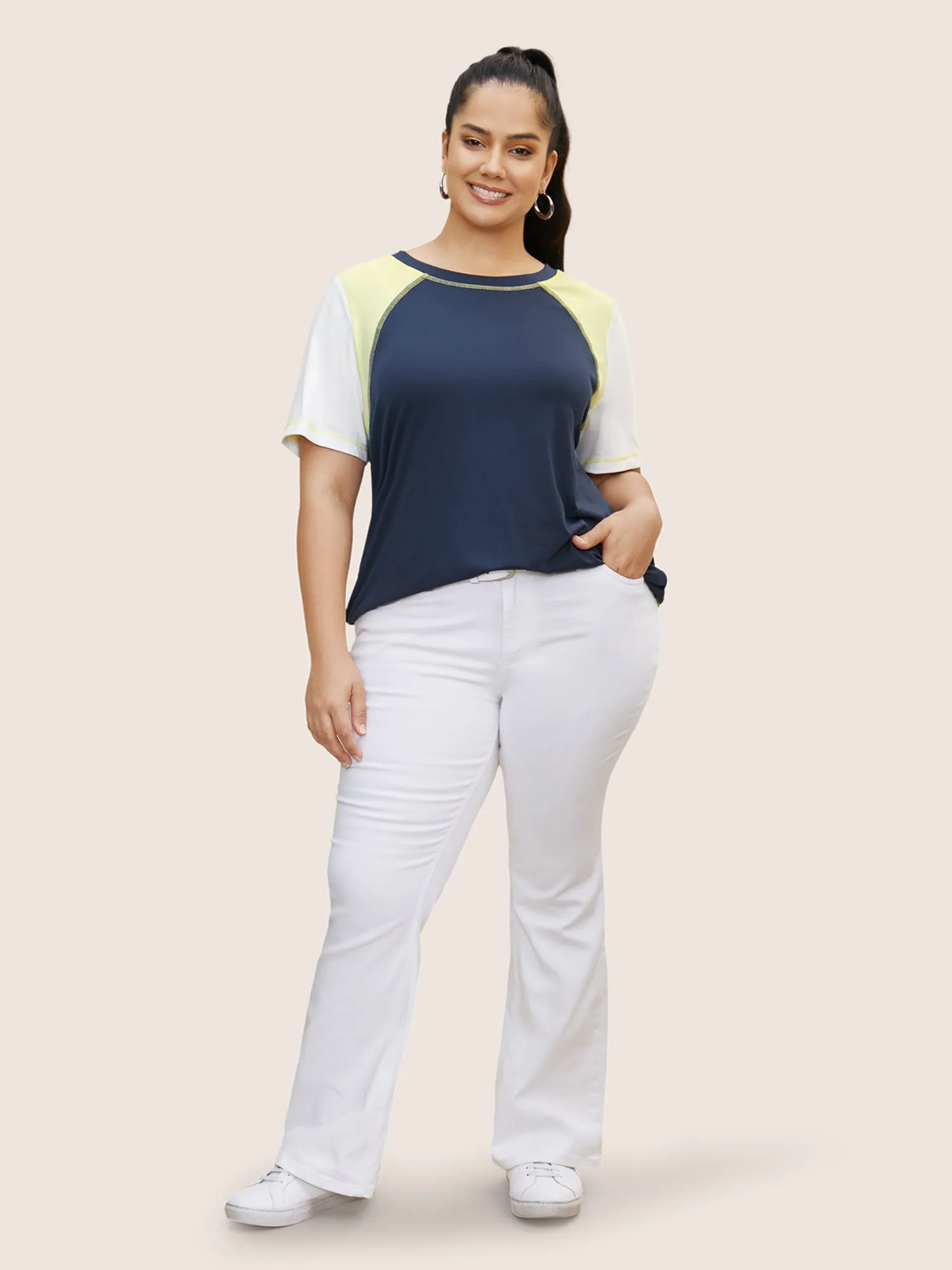 Round Neck Contrast Patchwork Quilted T-shirt sold by Bloomchic product image thumbnail 2