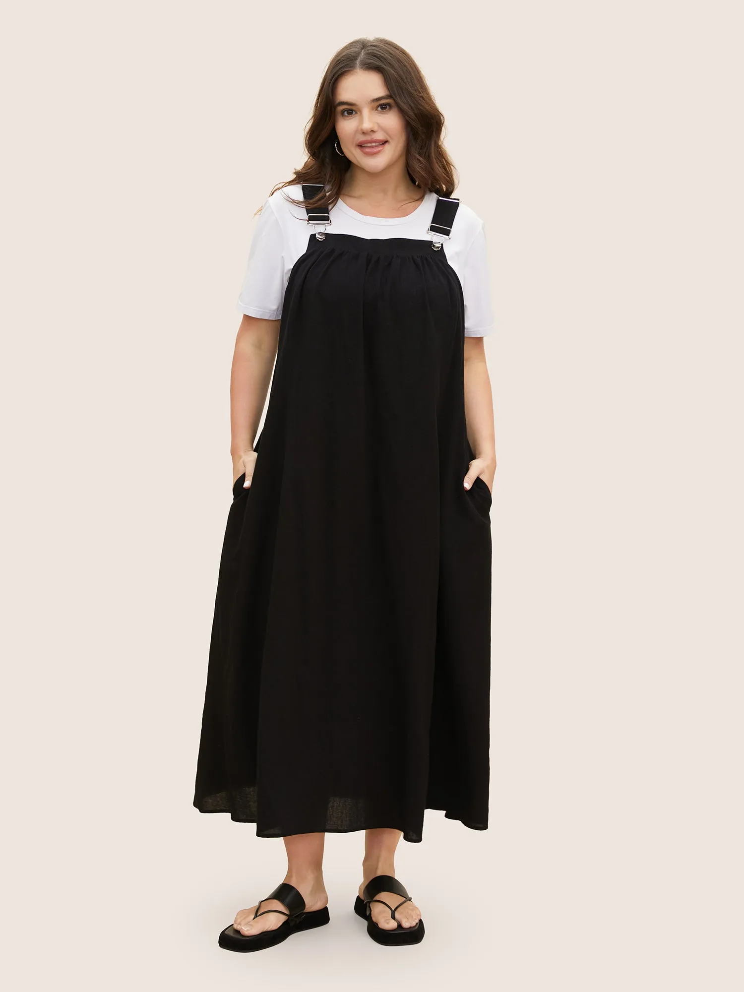 Cotton Solid Adjustable Straps Pocket Midi Dress sold by Bloomchic product image thumbnail 2